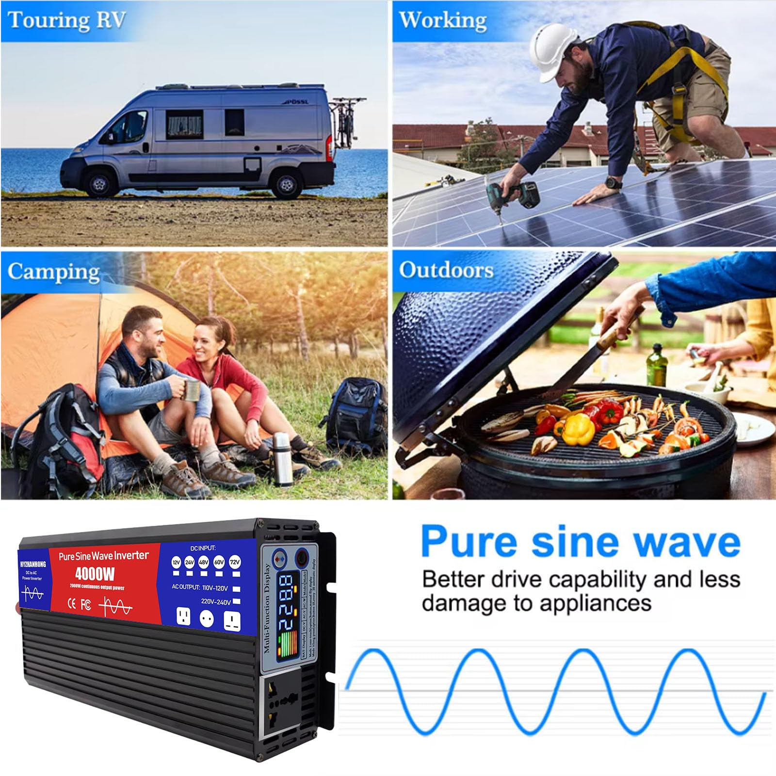 60v to 230v 50hz,Czysta Falowa Inwerter 4000W Szczytowej Mocy Konwerter DC12V -72V Na 230V AC z Wyświetlaczem LCD, do Auta Łodzi Ciężarówki RV Zasilania Słonecznego, 4000W- 60V do 230V