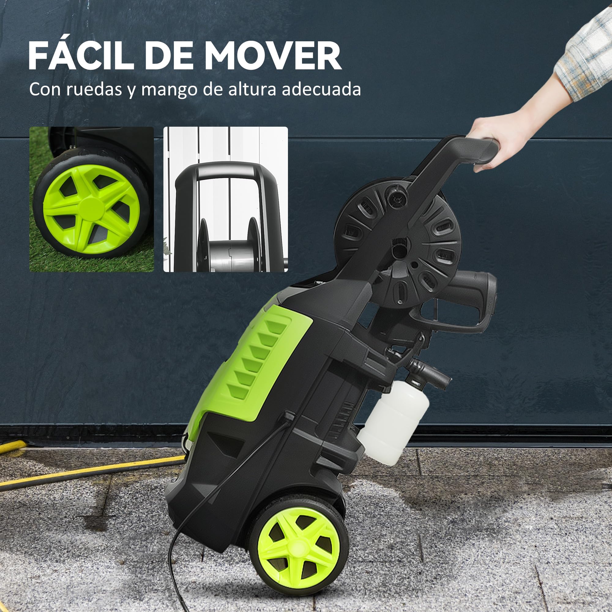 Outsunny Hidrolimpiadora de Alta Presión 2200W, Presión 170 Bar, Caudal 420 L/h, con Bomba de Aluminio, Parada Automática, Manguera de 6 m, Incluye Botella de Espuma y Boquilla Ajustable Verde y Negro
