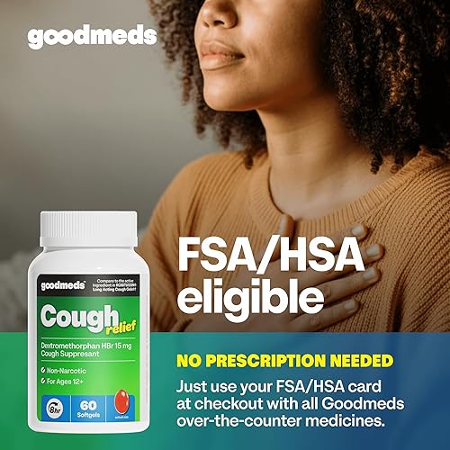 Miniatura 4 de Alivio de la tos para adultos, 60 cápsulas blandas de dextrometorfano HBr (DXM) 15 mg 8 horas, supresor bronquial no somnoliento y de larga duración