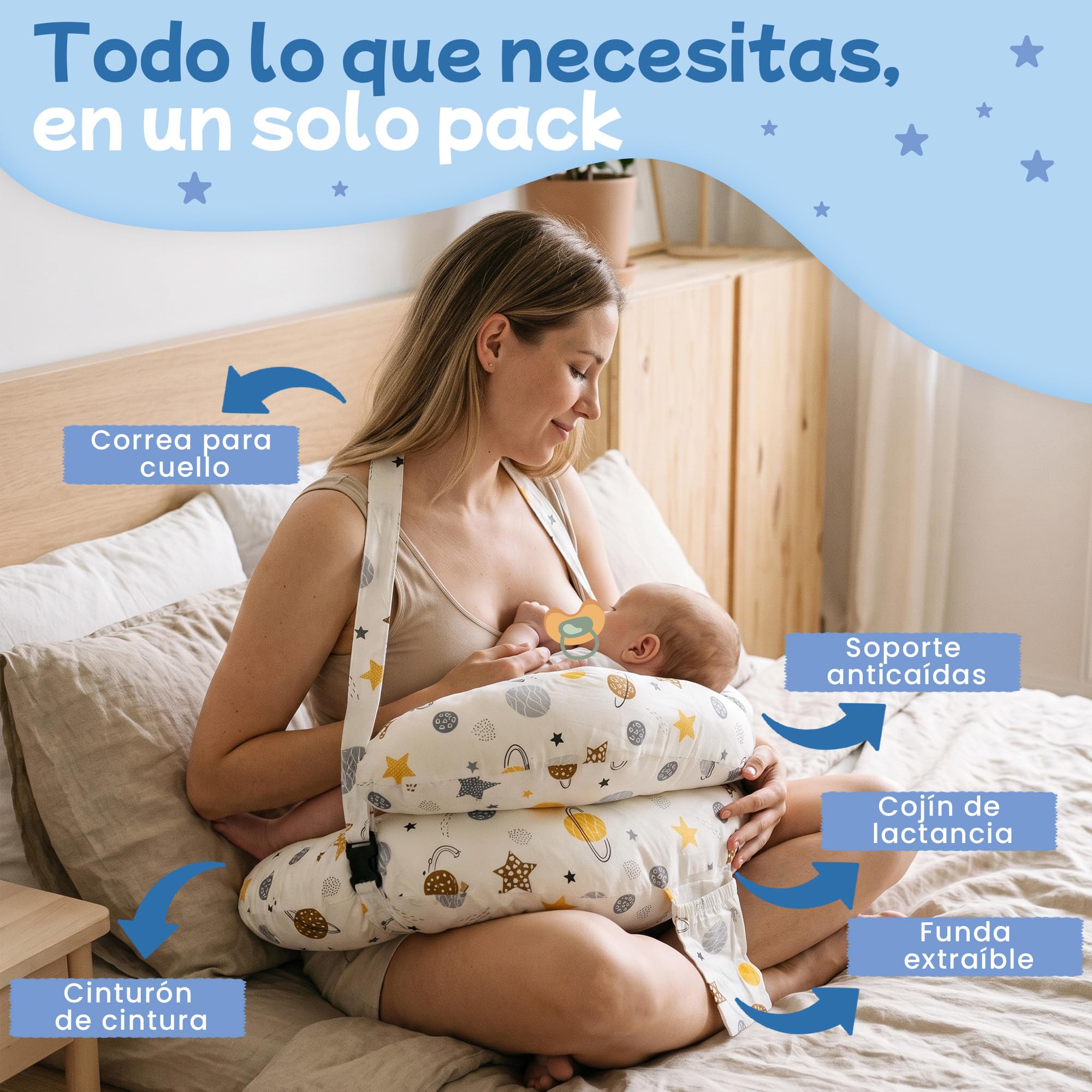 Cojín de Lactancia Ergonómico con Cinturón Ajustable para Cintura y Cuello | Soporte Anticaída para Bebé | Funda Desenfundable y Lavable | Almohada de Lactancia para Dar el Pecho y Biberón