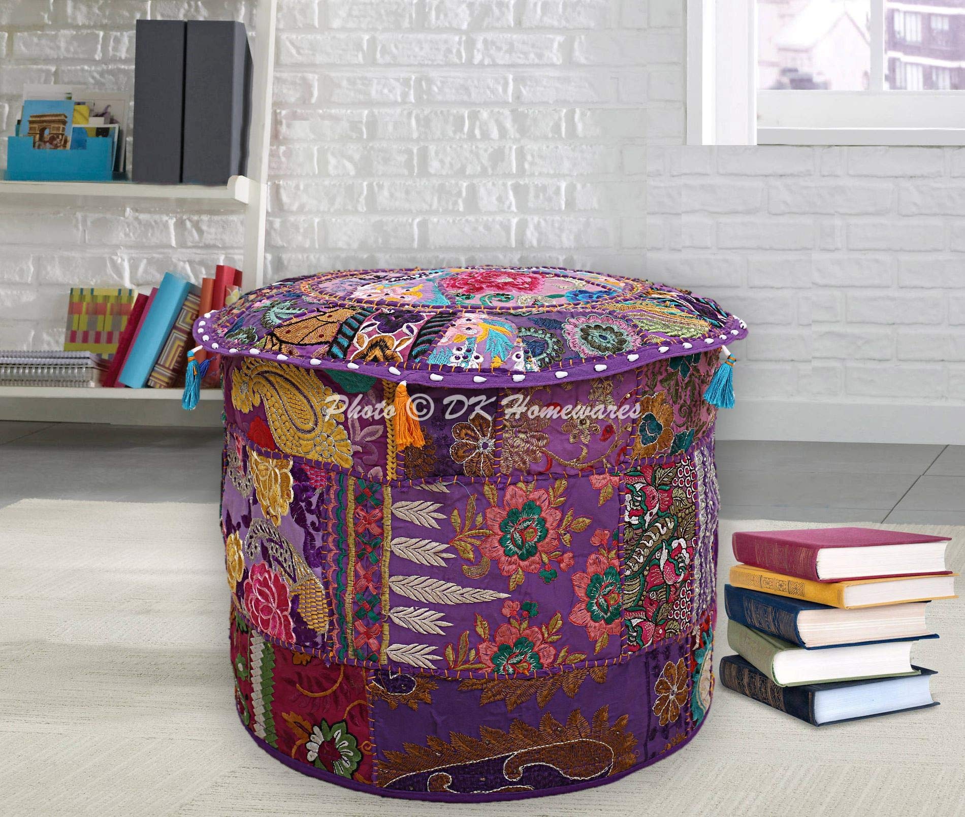 DK Homewares Indian Vintage Patchwork Pouf Ottoman Cover Purple Round Foot Rest Living Room Cotton Embroidered Pouffee Floor Pillow Case Floral Traditional 18x18x13 - COVER ONLY