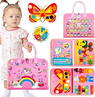 LaoSiJi Busy Board for Toddlers, Montessori Toys for 2 Year Olds, Learning toys for 2 Year Olds, Baby Sensory Toys for 1 Year Old, Fine Motor Skills Toys, Toddler Travel Toys (Pink)