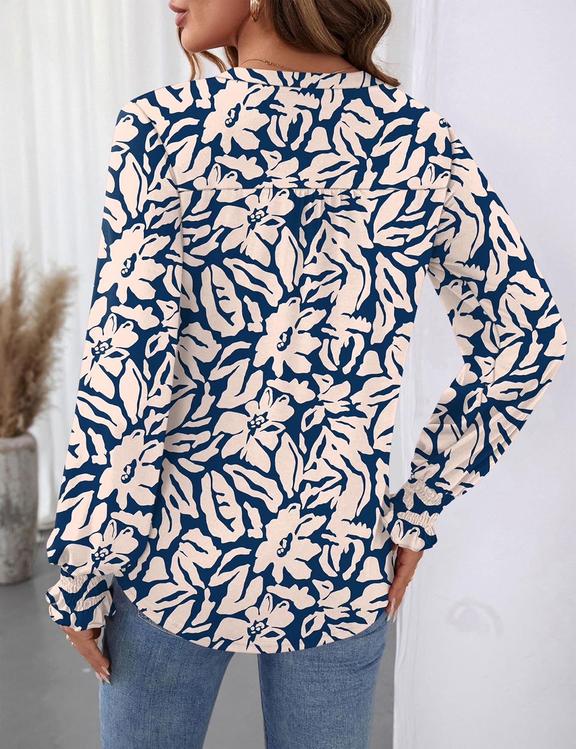 Ivicoer Long Sleeve Cotton Shirts for Women Womens Vneck Tshirts Women Blouses Dressy Casual Fall Clothing Henley Tops S Blue Floral - Image 5
