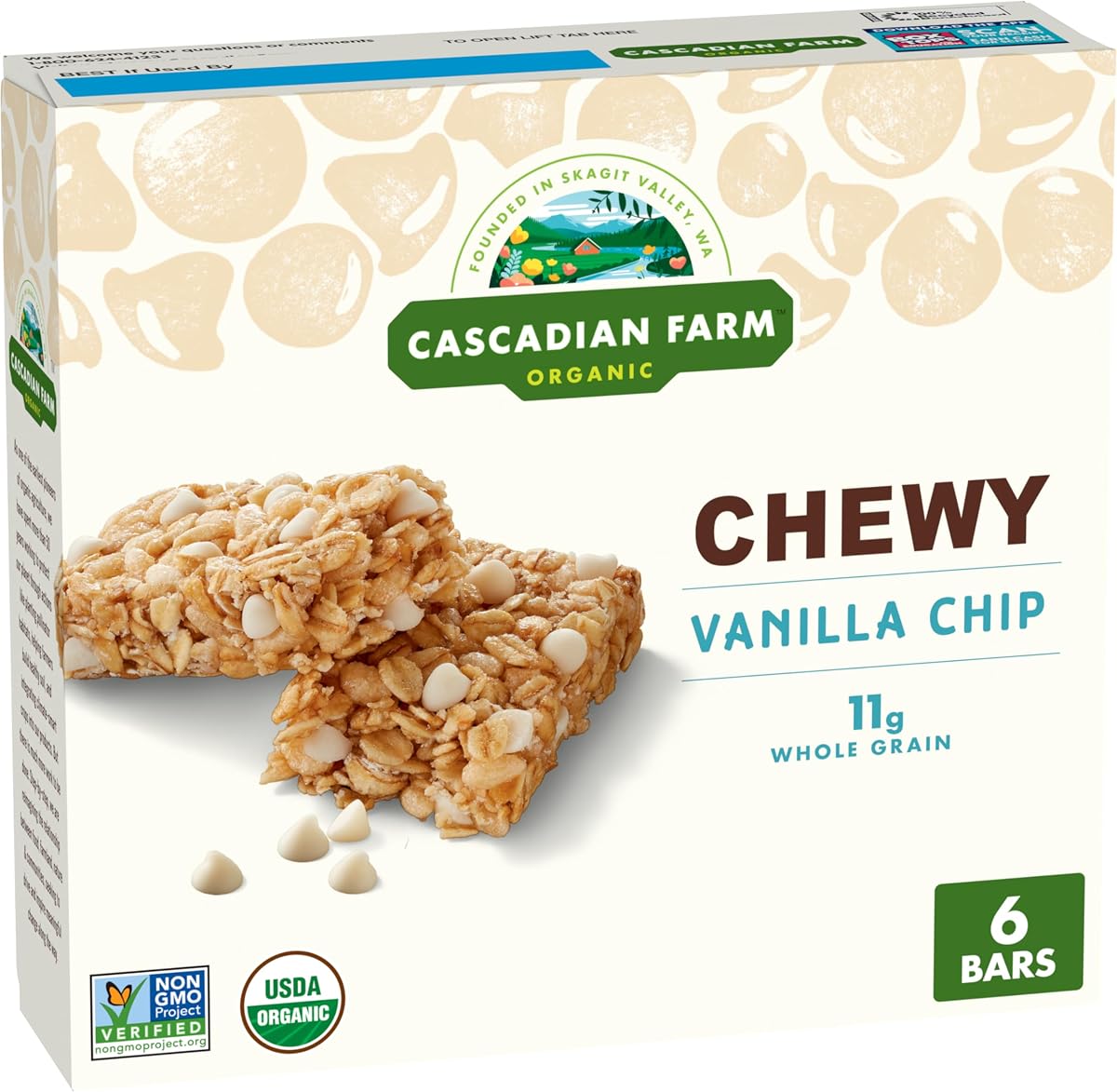Cascadian Farm Organic Vanilla Chip Chewy Granola Bars, 6 ct, 7.4 oz | Soft & Chewy with Vanilla Chips & Rolled Oats, 18g Whole Grain per Serving, Non-GMO, Great for Lunch Boxes & Hiking