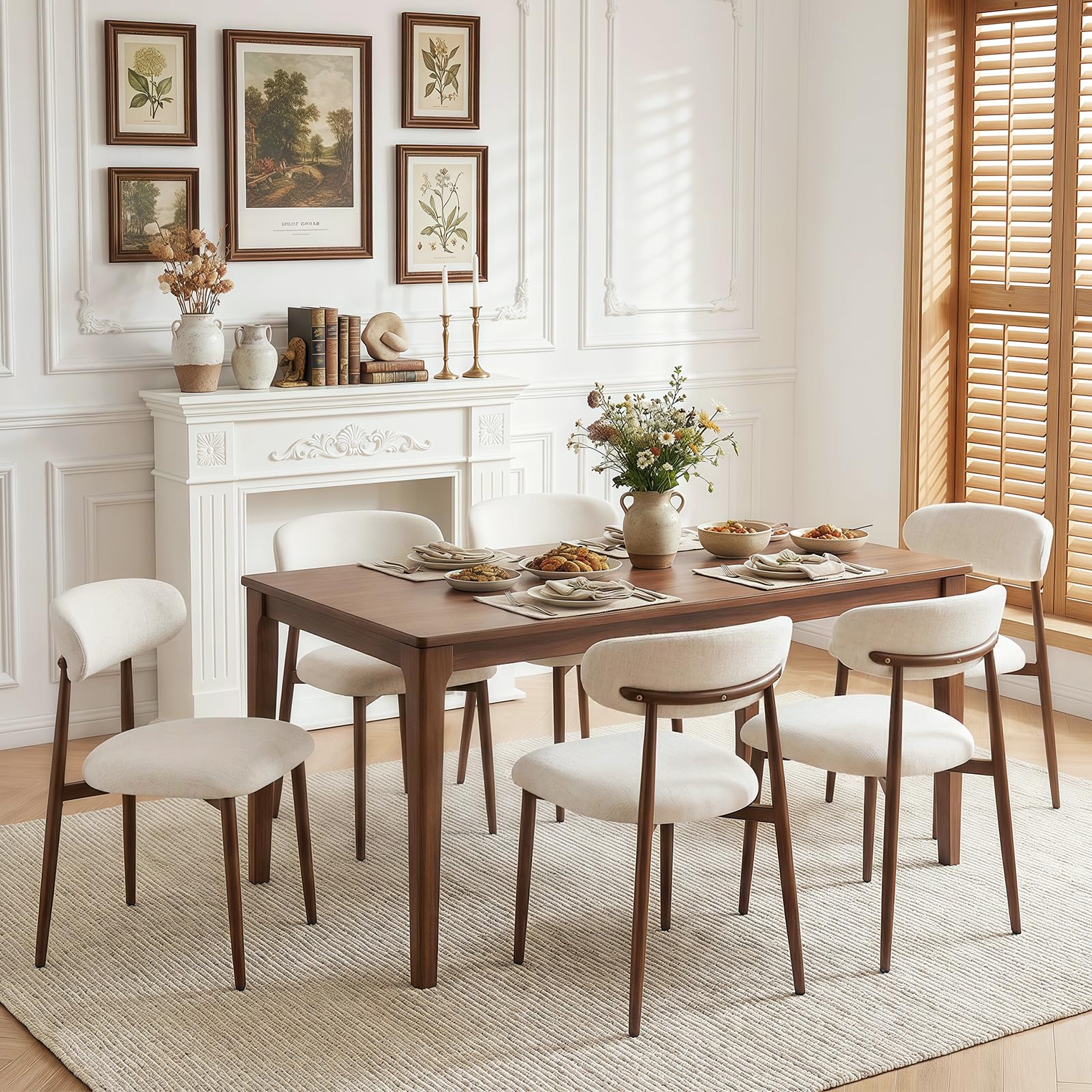 Furniliving Mid Century Modern Dining Chairs Set of 6, 300 lbs Capacity Upholstered Linen Kitchen Chairs with Walnut Grain Metal Legs and Ergonomic