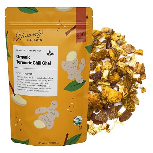 Heavenly Tea Leaves Chili Chai de cúrcuma orgánica, té de hierbas de hojas sueltas a granel, 1 libra (aproximadamente 200 porciones), naturalmente