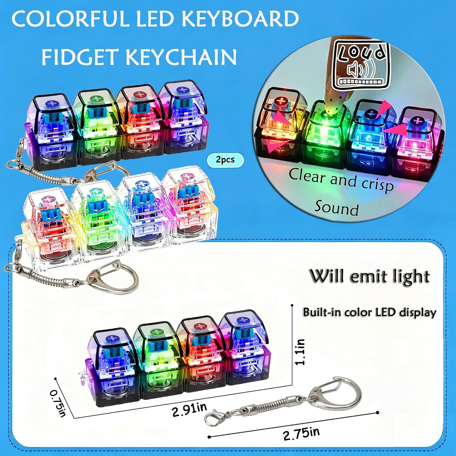 2 Pack Keyboard Fidget Keychain with LED Lights, 4-in-1 Stress Relief Clicker Toy, Keyboard Button Finger Clicker for Anxiety Relief, Button Stress Relief Fidget Gifts to Relief Stress