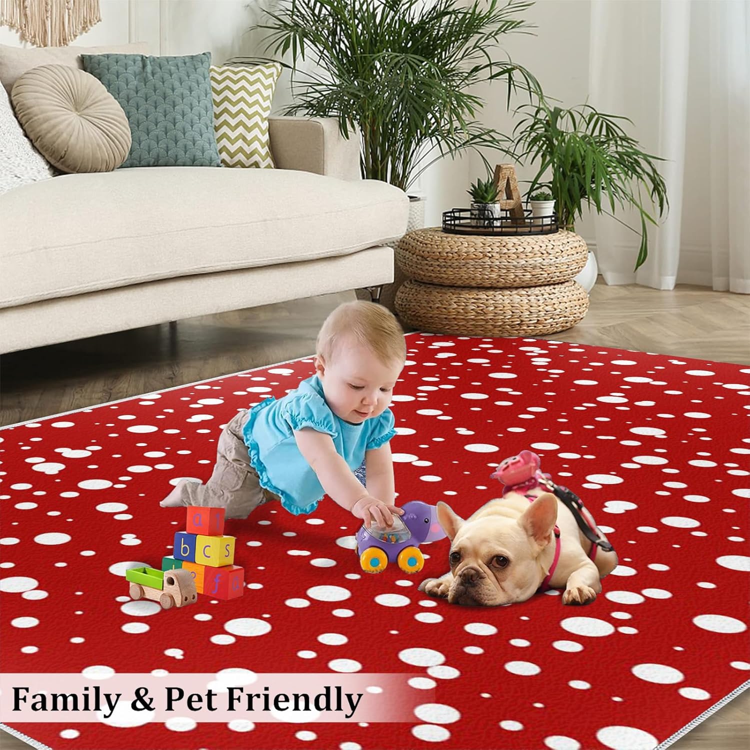 White Polka Dot Rugs for Entryway, Christmas Red Indoor Rugs 2x3, Simple Art Area Rug, Dreamy Snowflakes Kitchen Rugs Non Slip Washable Rugs for Bedroom