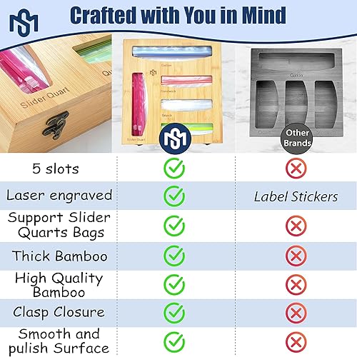 Miniatura 4 de SAMATIZE Caja de almacenamiento de madera con cierre de cremallera de bambú para cajón de cocina o montaje en pared, compatible con bolsas de varios