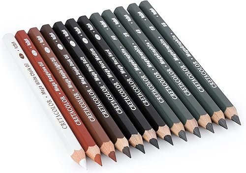 Miniatura 7 de Cretacolor X Mega Drawing - Juego de 12 lápices de estaño para bocetos, aceite de tiza blanca, aceite de sanguina, luz sepia, oscuro sepia, negro,