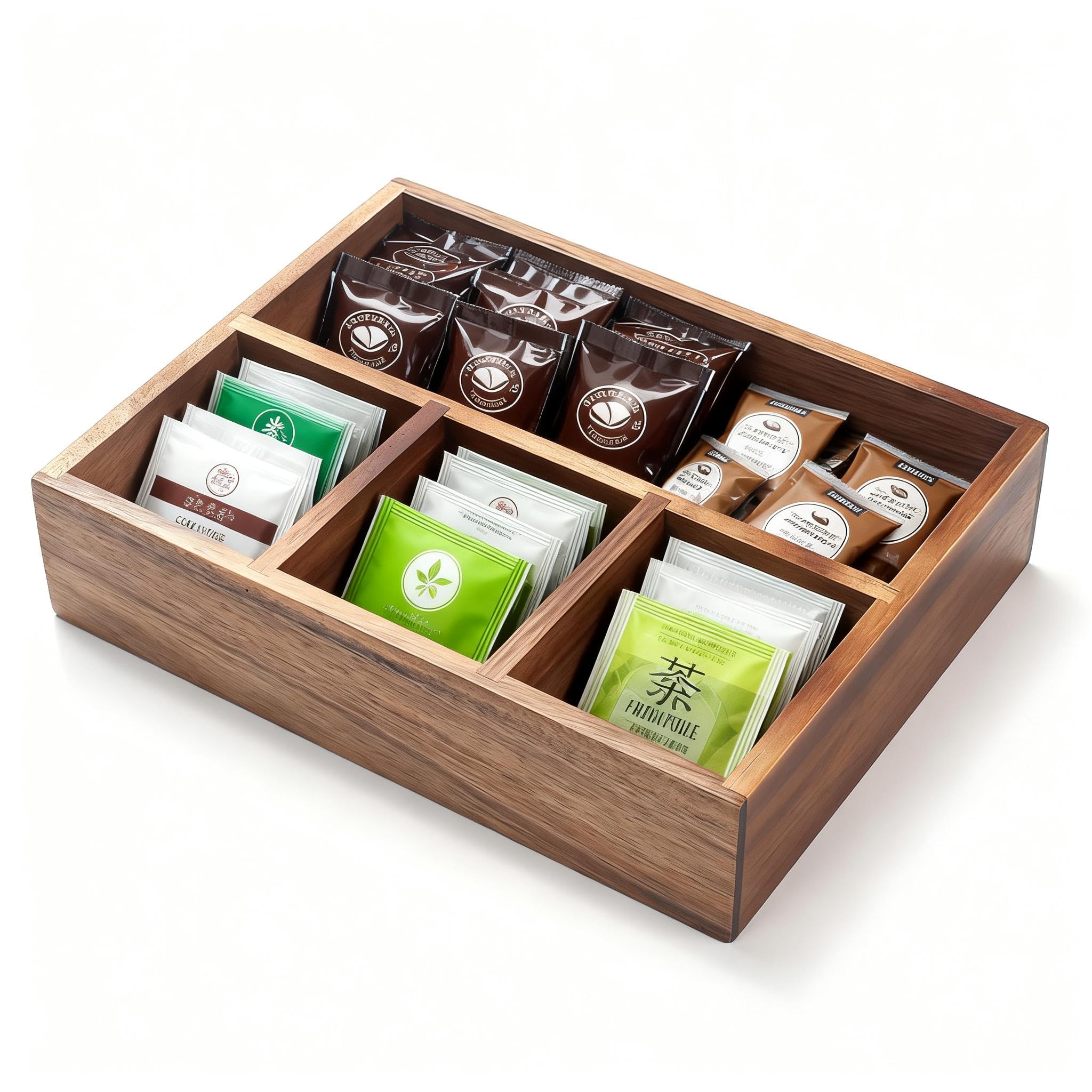 XIMISISE Porta bustine di tè, organizer per bustine di tè in legno di acacia, cestino per caramelle, organizer per pacchetti di zucchero, organizer per condimenti per caffetterie