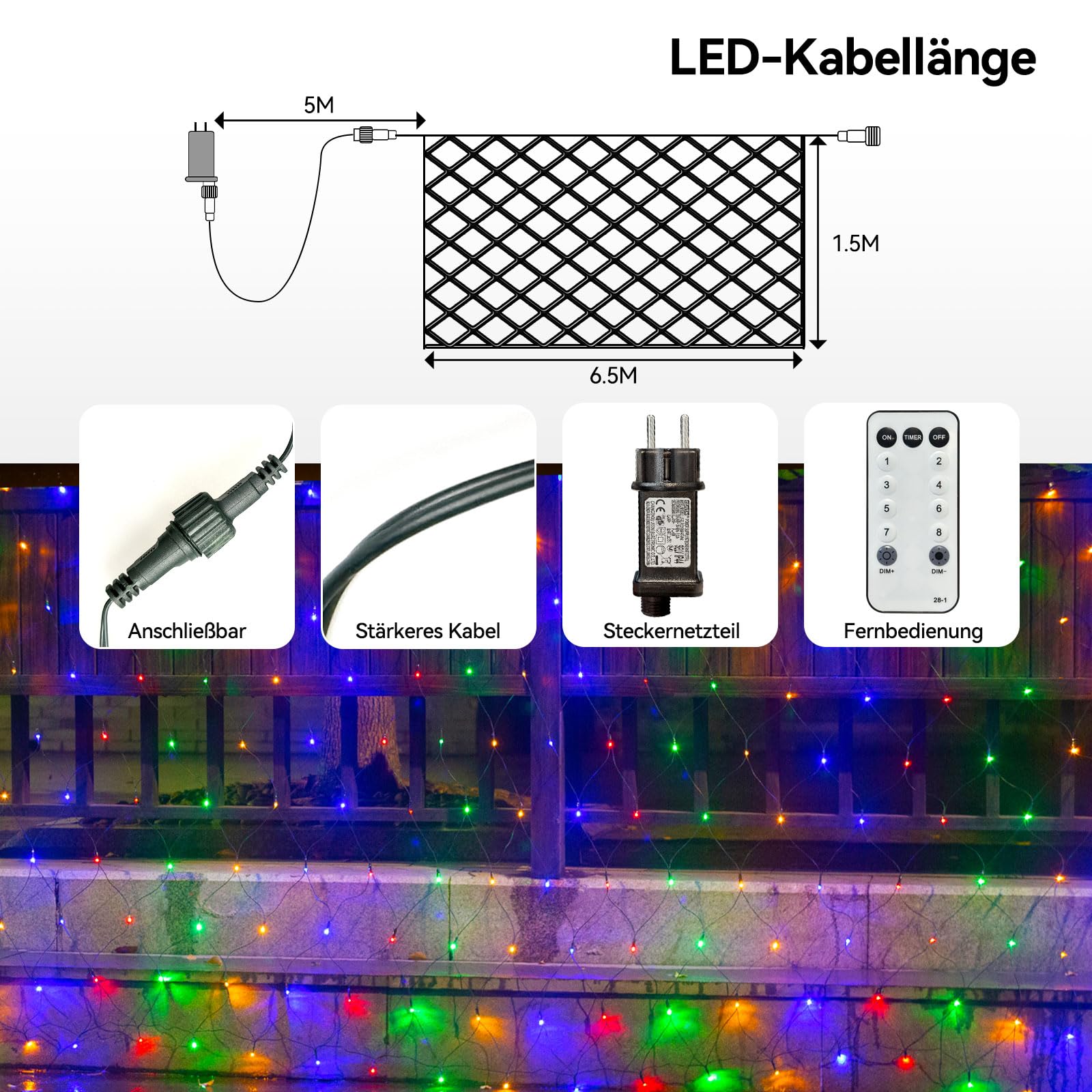 Bunte Lichternetz Außen, 6,5 m x 1,5M 360 Weihnachten Lichterkette Außen Netz mit Stecker,Fernbedienung & Timer 8 Modi,LED Netz Weihnachten für Weihnachtsbeleuchtung Büsche Garten Zimmer Balkon Wand