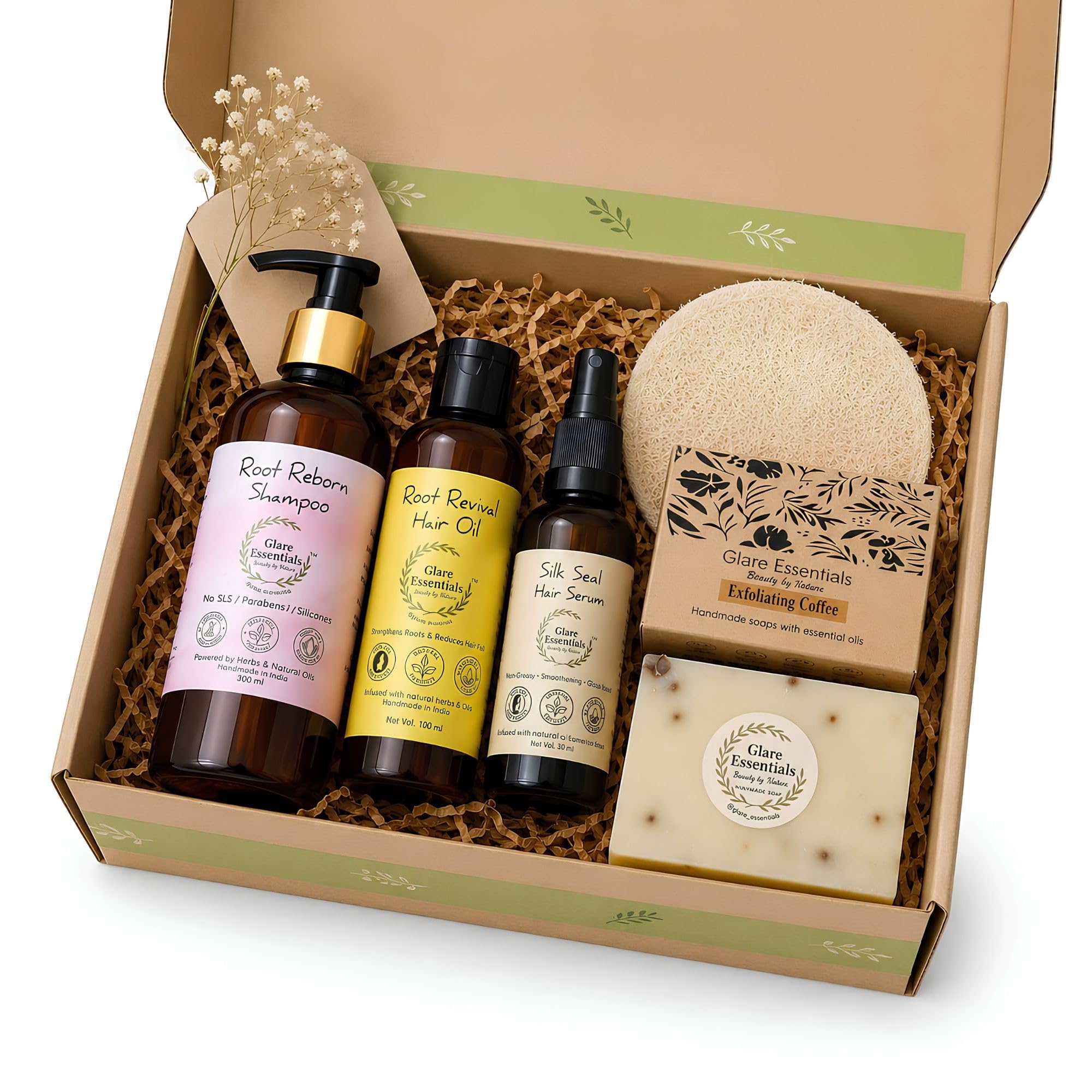 Premium Self Care Hamper Gift Set for Men & Women with Root Reborn Shampoo Root Revival Hair Oil Silk Seal Hair Serum Handmade Coffee Soap Natural Loofah Gift Box-image-16