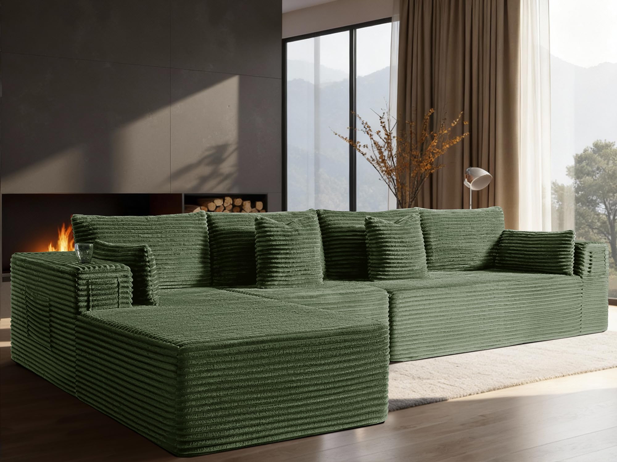 138" Cloud Sectional Couch, Comfort L Shaped Boneless Couch for Living Room, Extra Deep Seats No Assembly, Minimalist Modular Sofa, Corduroy (Olive Green, 3 Seater+Left Facing Chaise)