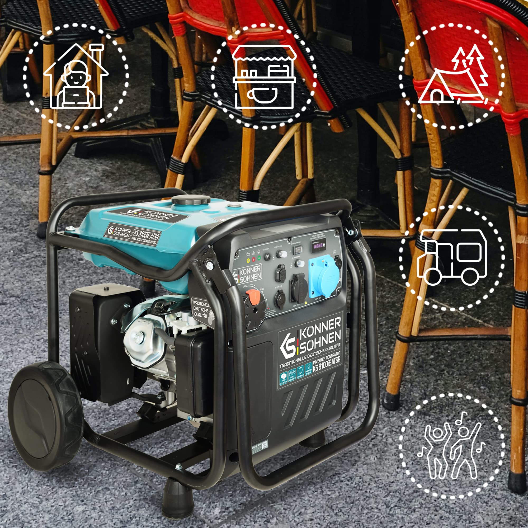 K&S Könner&Söhnen KS 8100iE ATSR Invertergenerator Benzin-Inverter-Generator, Stromerzeuger Höchstleistung 8,0 kW, 2 USB-Anschlüsse,Kupferwicklung, Kurzschluss- und Überlastschutz, EURO V