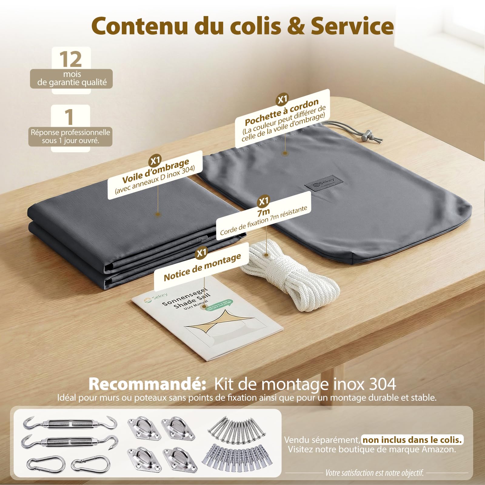 Sekey Voile d'ombrage Rectangulaire 4x5m Imperméable, PES 160g/m² Haute Densité, Résiste Intempéries/Déchirures, Couture Scellée (Étanche) & UV 95%, pour Balcon Terrasse Jardin, Anthracite