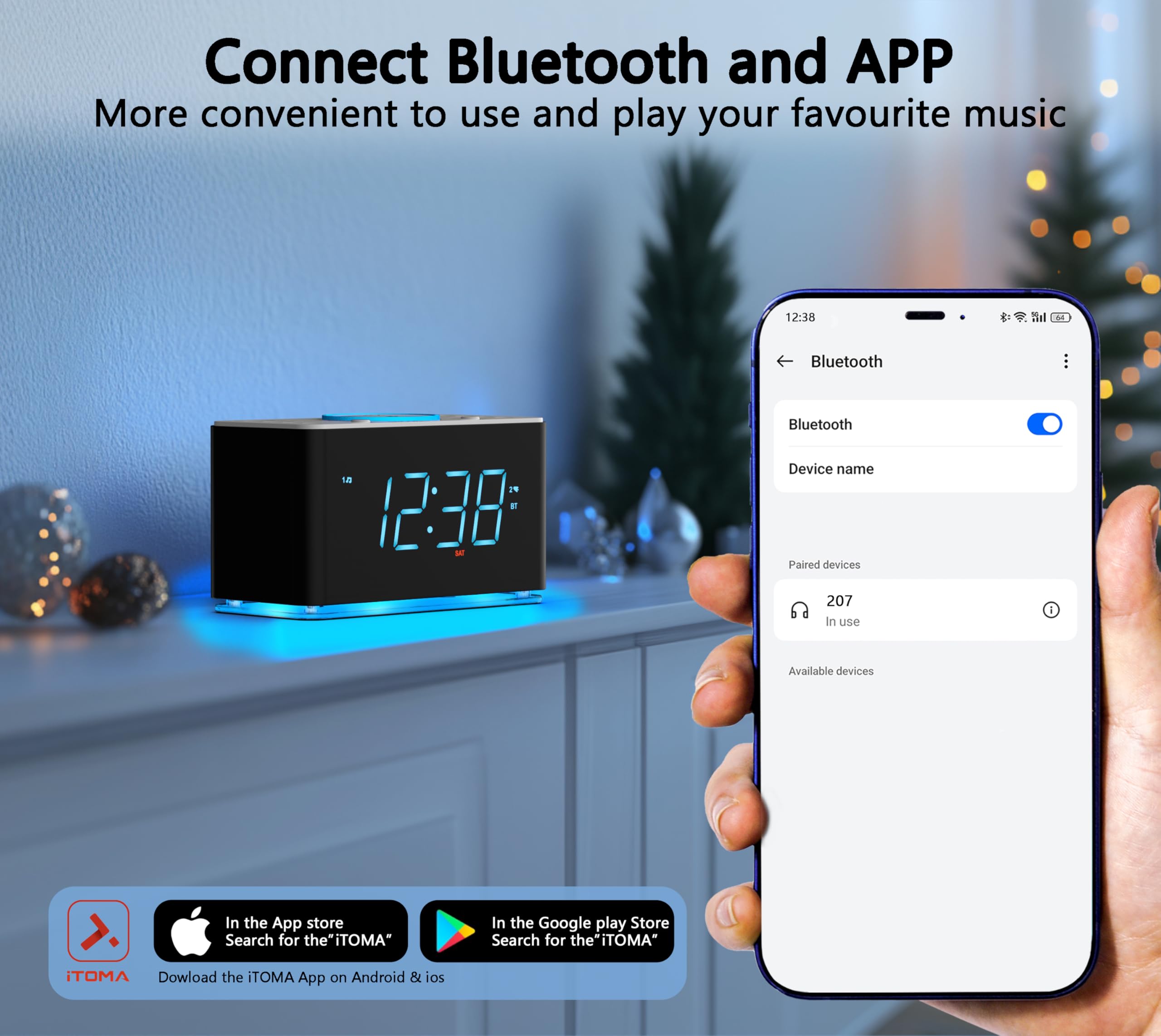 iTOMA Radio Despertador con Cargador inalámbrico de 15w, App Control, FM Radio, Bluetooth, Dos Puertos de Carga, Despertador Doble, cronómetro de sueño, Snooze, dimmer, luz Nocturna 207A