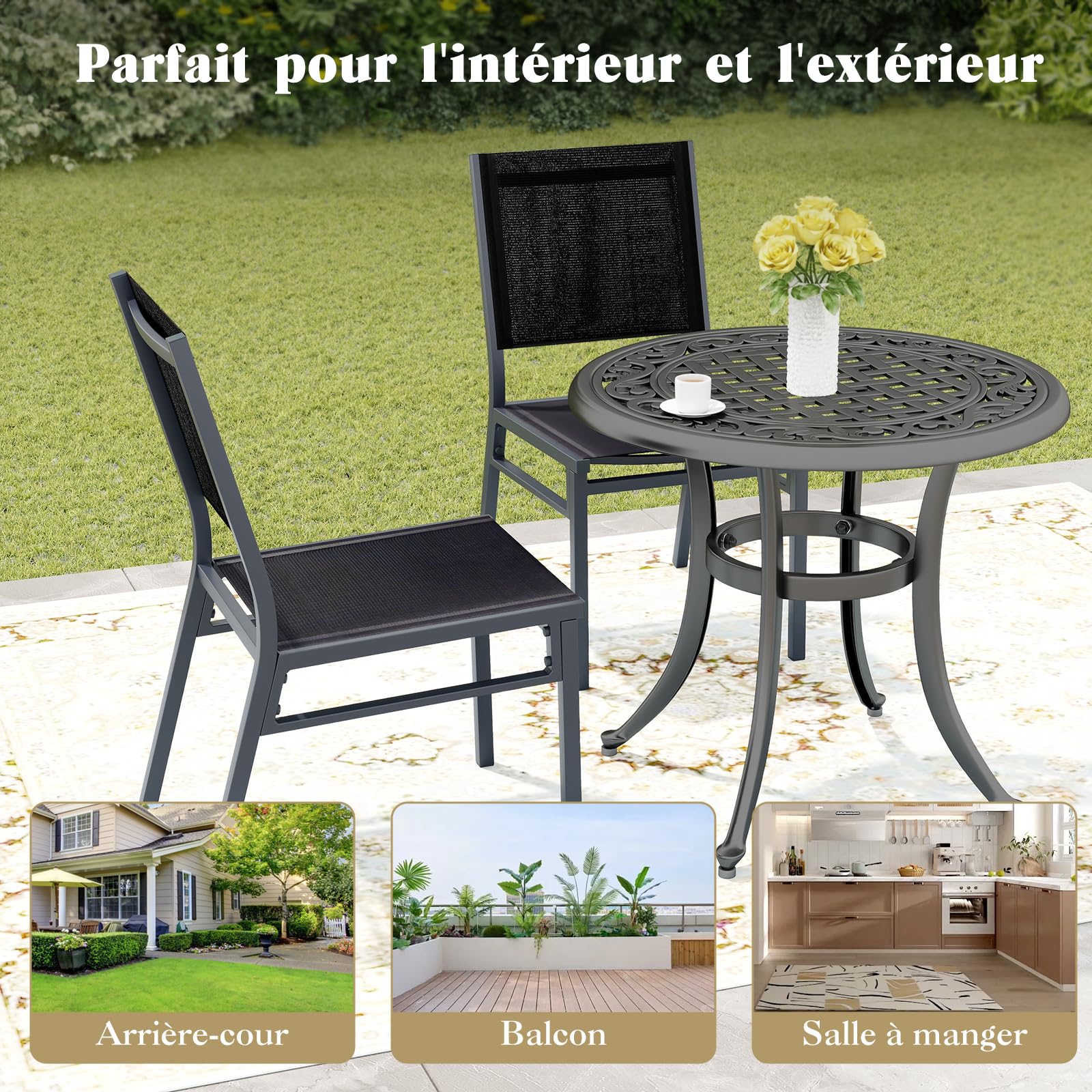 COSTWAY Lot de 2 Chaise de Jardin Extérieure avec Cadre en Aluminium, Chaise de Terrasse sans Accoudoirs, Chaise de Salle à Manger pour Patio avec Siège et Dossier Respirants, Charge 150 KG