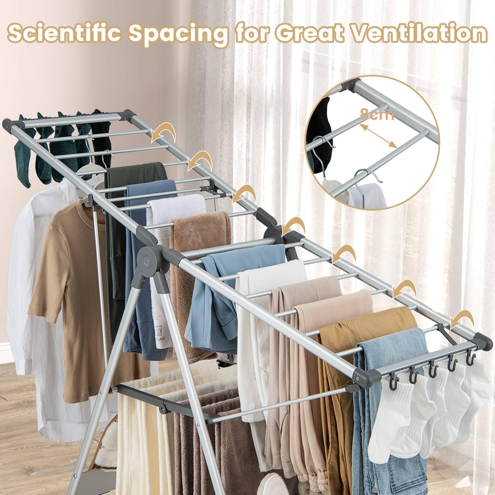 Wäscheständer mit 2 Ebenen, zusammenklappbar, höhenverstellbar, Flügel-Design, 10 Sockenclips, Schuhhalter, für drinnen und draußen, Stahl