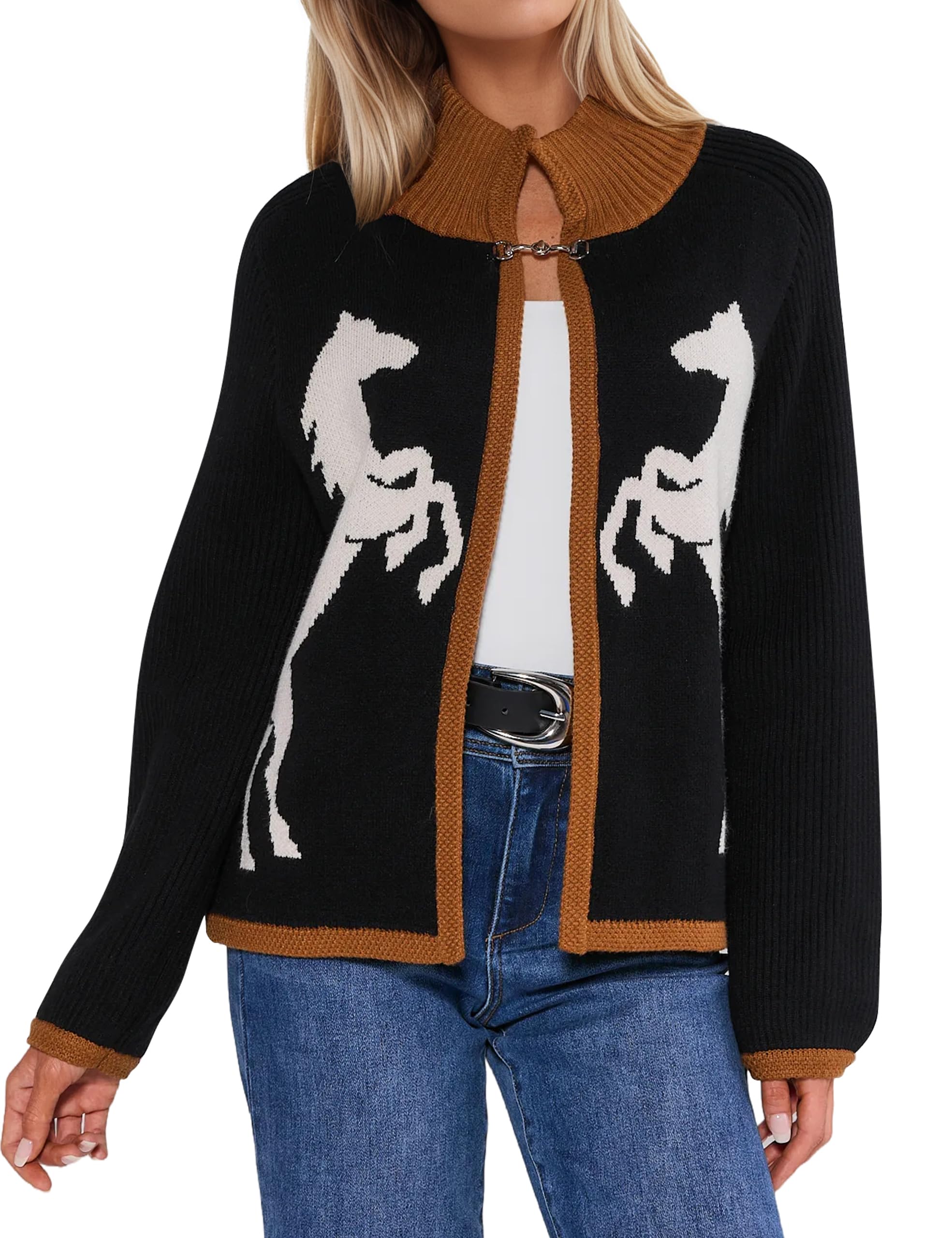 MISSACTIVER Womens Horse Graphic Cardigan Sweaters Long Sleeve Horse-bit Ribbed Knit Jumper Stand Collar Contrast Outfit
