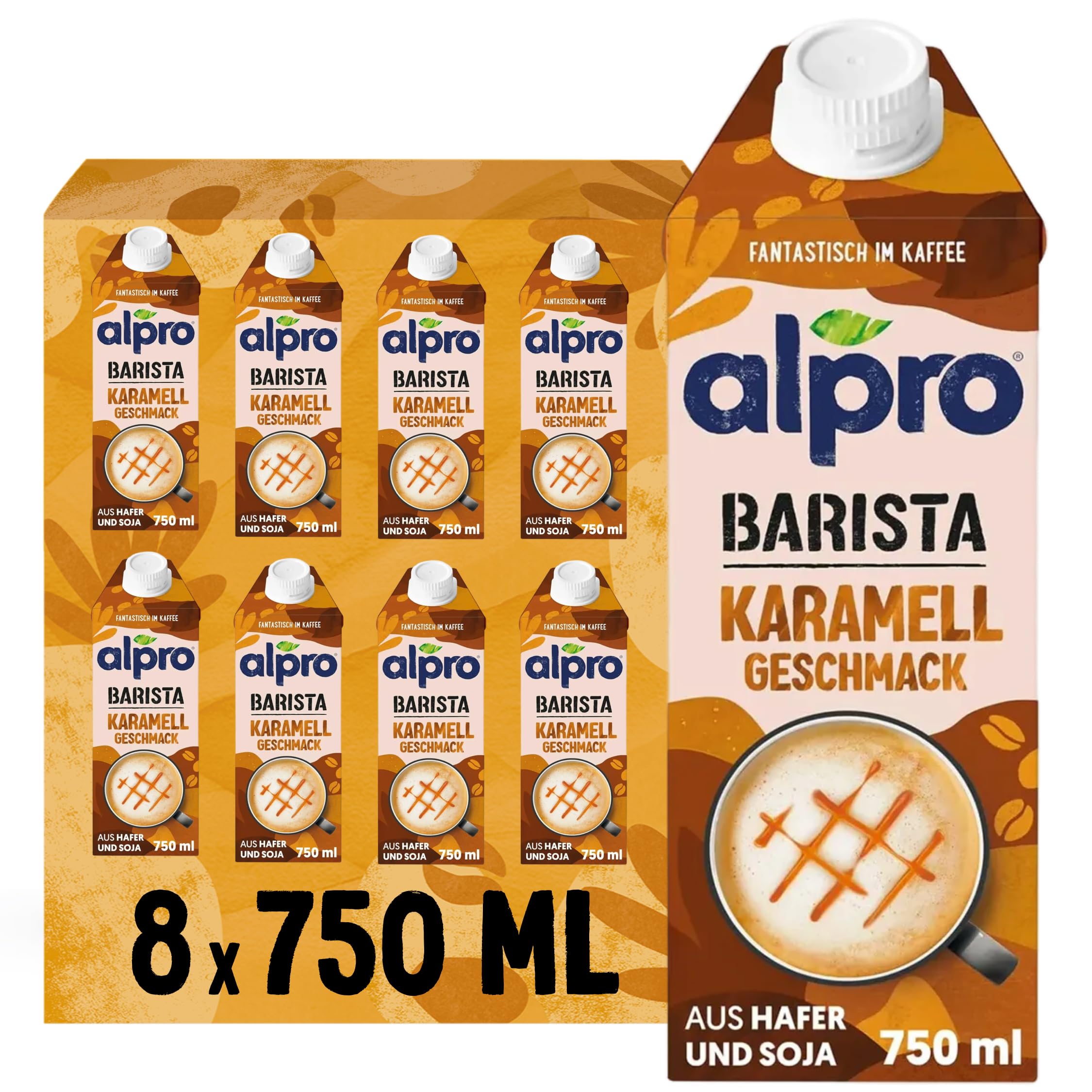 Alpro Barista Karamell – Zum Aufschäumen – Von Natur aus laktosefrei – 8 x 750 ml – Haltbar