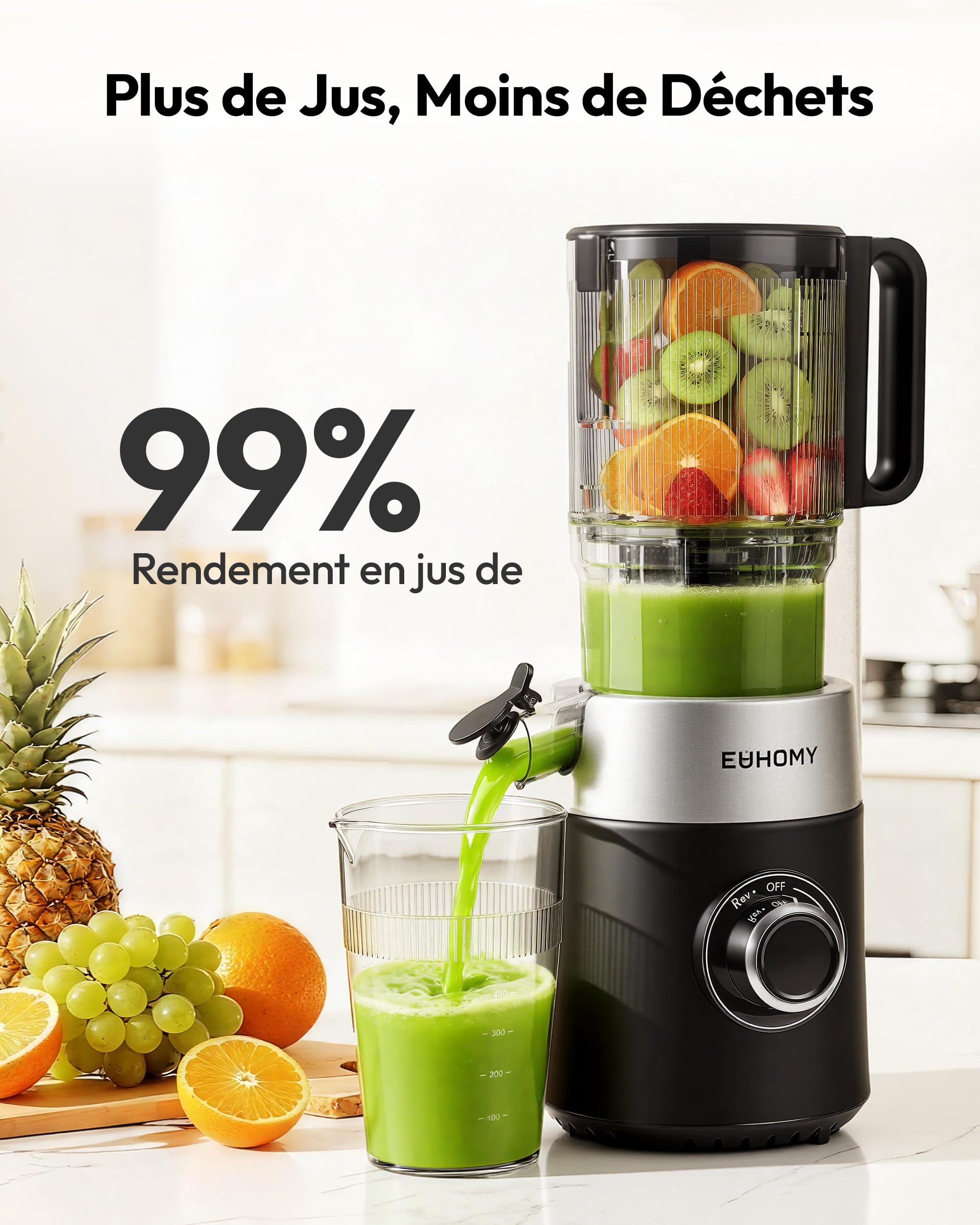 EUHOMY Extracteur de Jus à Froid 220W Double Vis 7 Étapes Rendement 99% Triple Filtre Large Goulotte 135mm Réservoir 1,8L Silencieux 55 tr/min