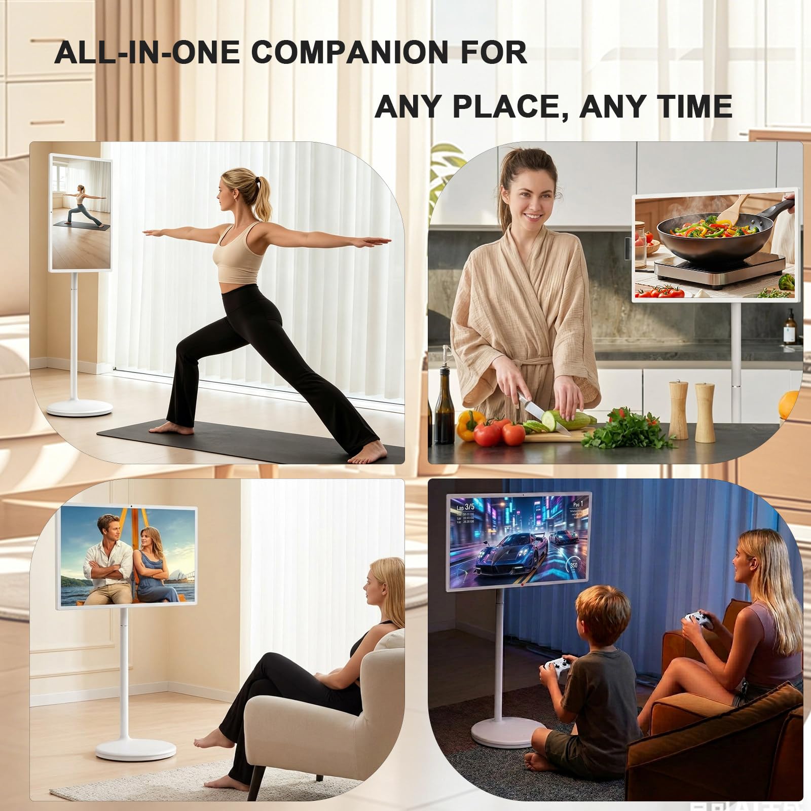 TV Portátil con Ruedas 21.5"/24"/27"/32", Smart TV con Batería, Monitor Táctil Inteligente, Android 13, 4/8 GB + 64/128 GB, Rolling TV para Fitness y Cocina 24in-4+64GB