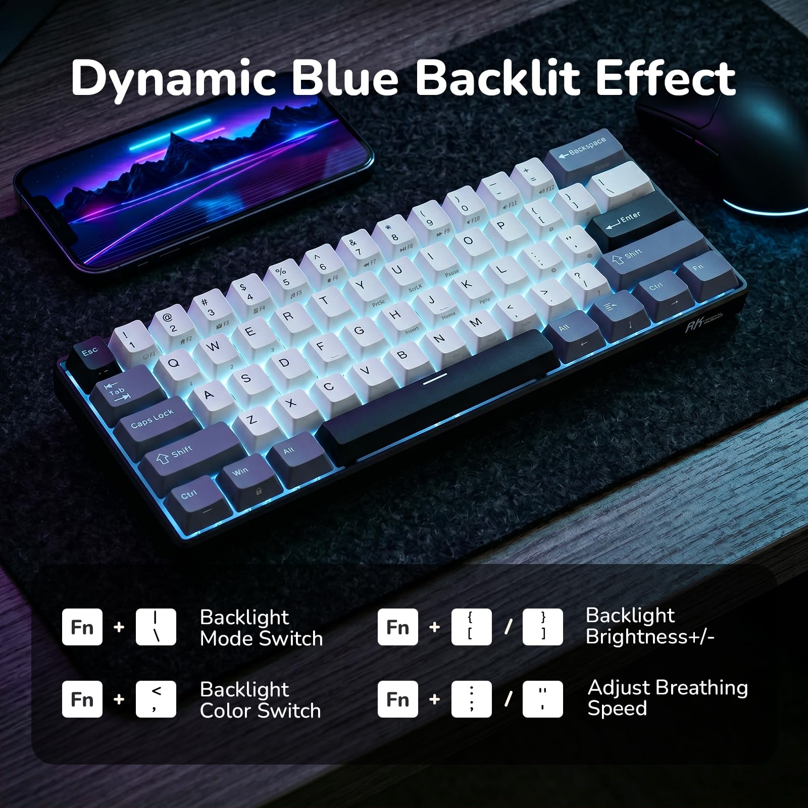 RK ROYAL KLUDGE RK61 bezprzewodowa klawiatura mechaniczna, klawiatura gamingowa 60% trzema trybami pracy, BT5.0/2,4GHz/USB-C, klawisze tworzywa PBT, oprogramowanie Pro, wymiana na gorąco, US QWERTY