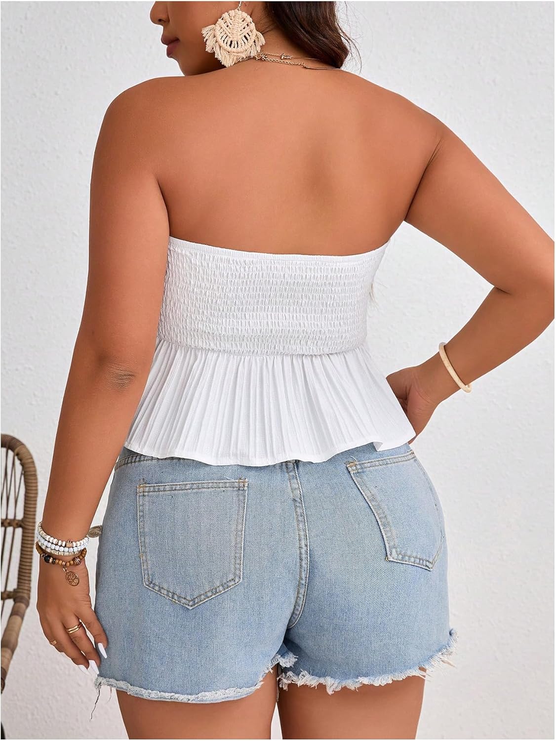 MakeMeChic Women's Plus Size Summer Strapless Tube Top Sleeveless Ruffle Hem Shirred Bandeau Tops - Image 2
