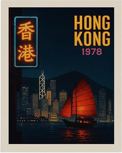 AMERICAN LUXURY GIFTS Póster vintage de viaje de Hong Kong, horizonte nocturno retro de 1978, impresión sin marco de 8 x 10 pulgadas, arte de pared