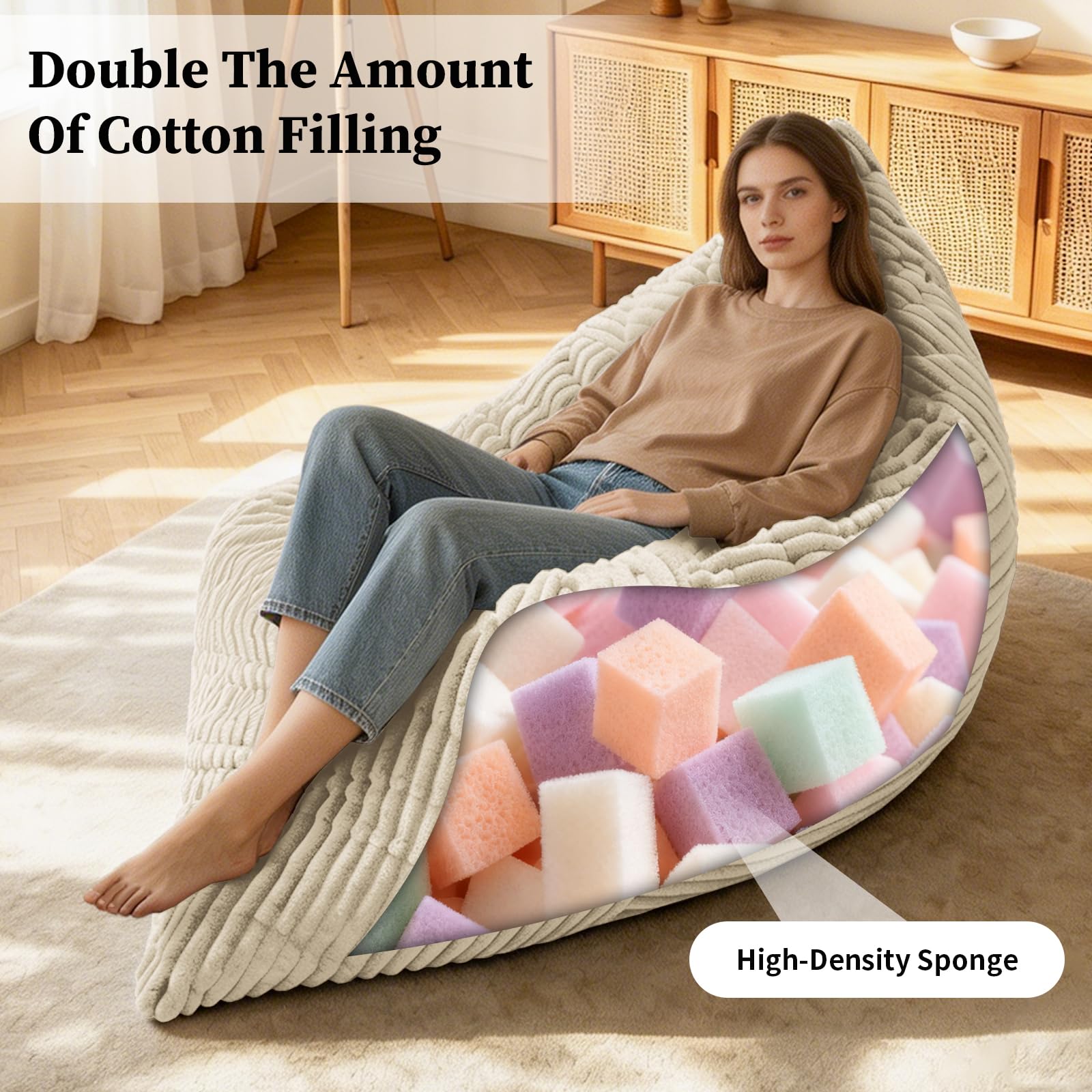 Puf XXL convertible 3 en 1 Bean Bag Sofá con espuma viscoelástica acolchada para sala de estar, puf de juegos, funda de pana mullida, color blanco