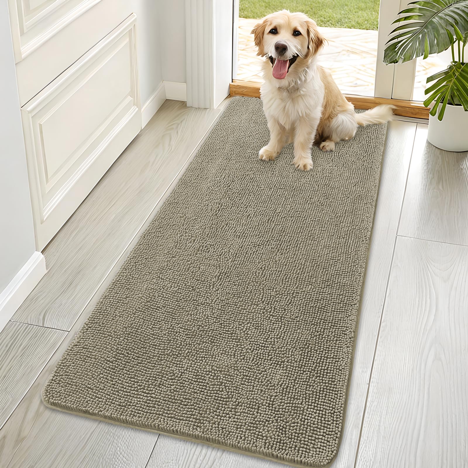 OLANLY Dog Door Mat for Muddy Paws 70x35, Absorbs Moisture and Dirt, Absorbent Non-Slip Washable Doormat, Quick Dry Chenille Mud Mat, Entry Indoor Entryway Carpet for Inside Floor, Warm Taupe