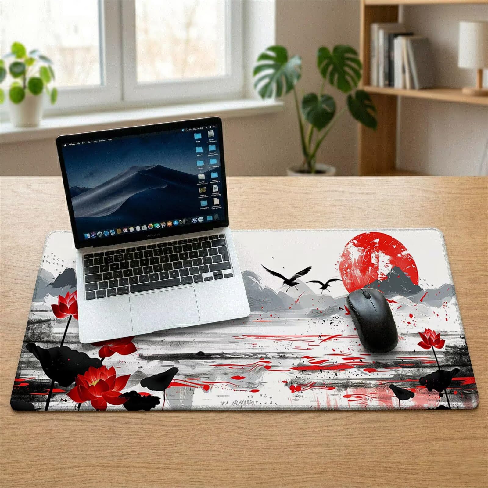 Sottomano Scrivania Grande 1200 x 600 x 3 mm Stile Giapponese Tappetino Tastiera Computer con Base Antiscivolo e Bordi Cuciti, Protezione Impermeabile, per Lavoro/Casa/PC Gamer, Regali (Loto) L-x6642