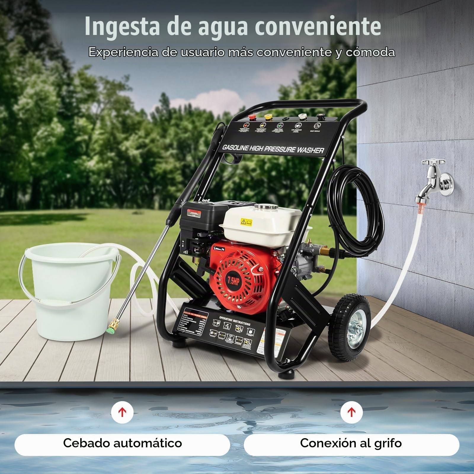 Hidrolimpiadora Gasolina, Limpiador de Alta presión de Gasolina 2200 PSI 2.3 GPM, 7.5HP 3400RPM limpiadora a presión con 5 boquillas, Motor 4 Tiempos, depósito 0.95gal, Manguera 8m