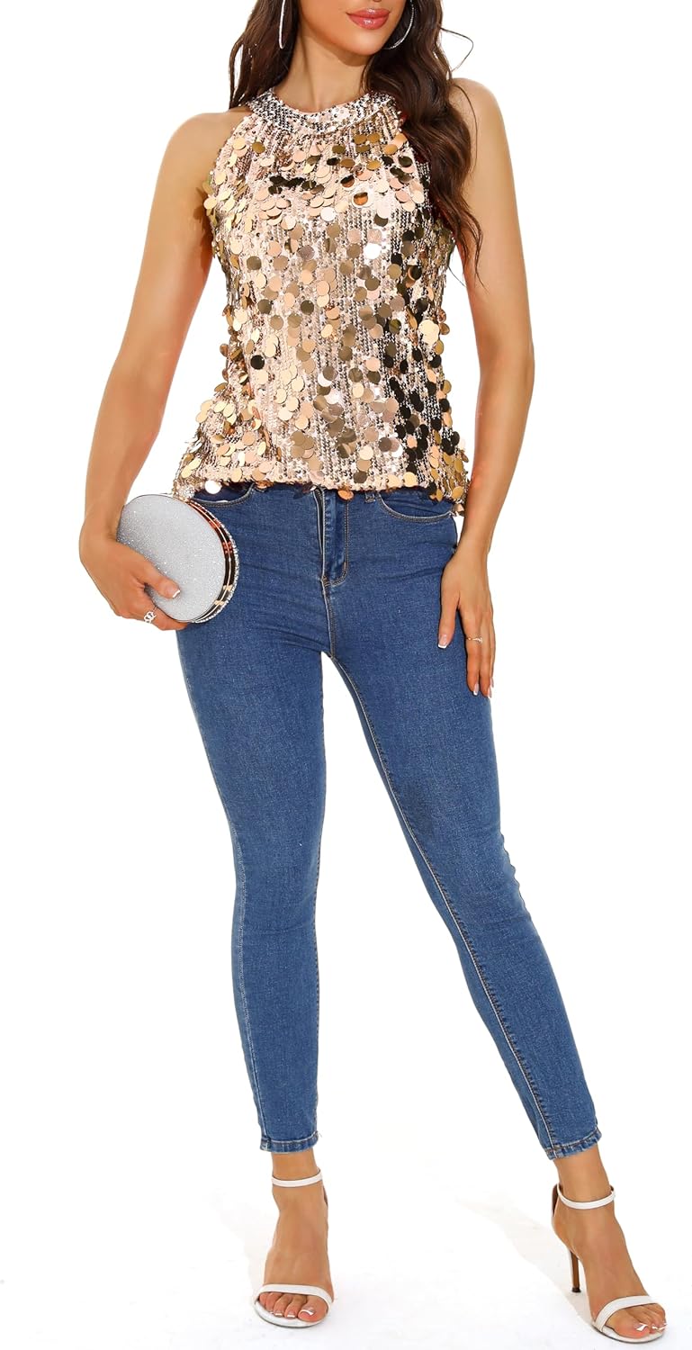 GUANYY Halter Sequin Tops for Women Sleeveless Sparkly Glitter Shiny Tank Top Party Concert Sequence Blouse - Image 2