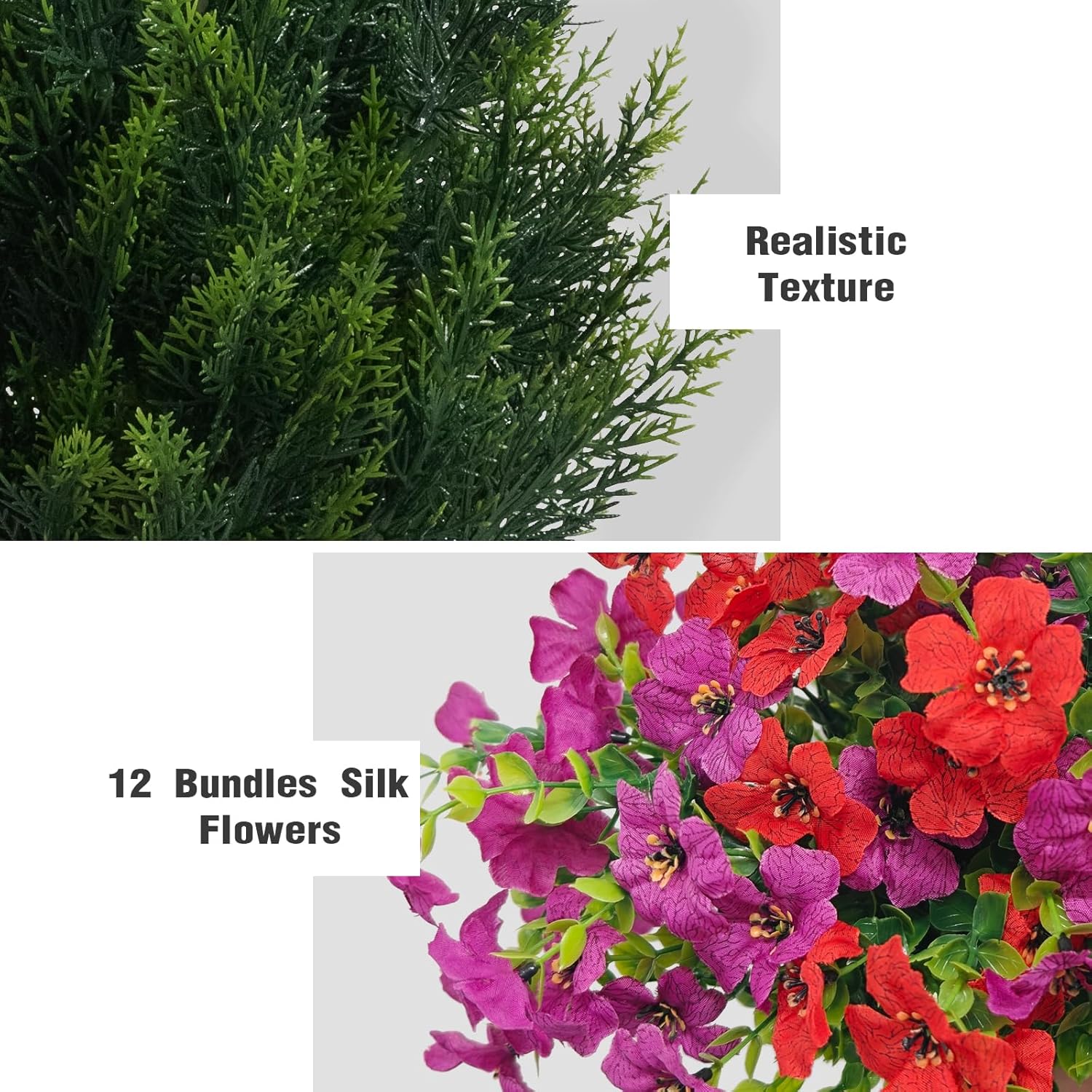Artificial Topiary Cedar Trees 3FT Tall 2 Set with 12 Bundles Faux Silk Flowers, Outdoor Indoor Faux Pine Shrubs Plants, Fake Bushes Plants for Home Front Porch Door Patio