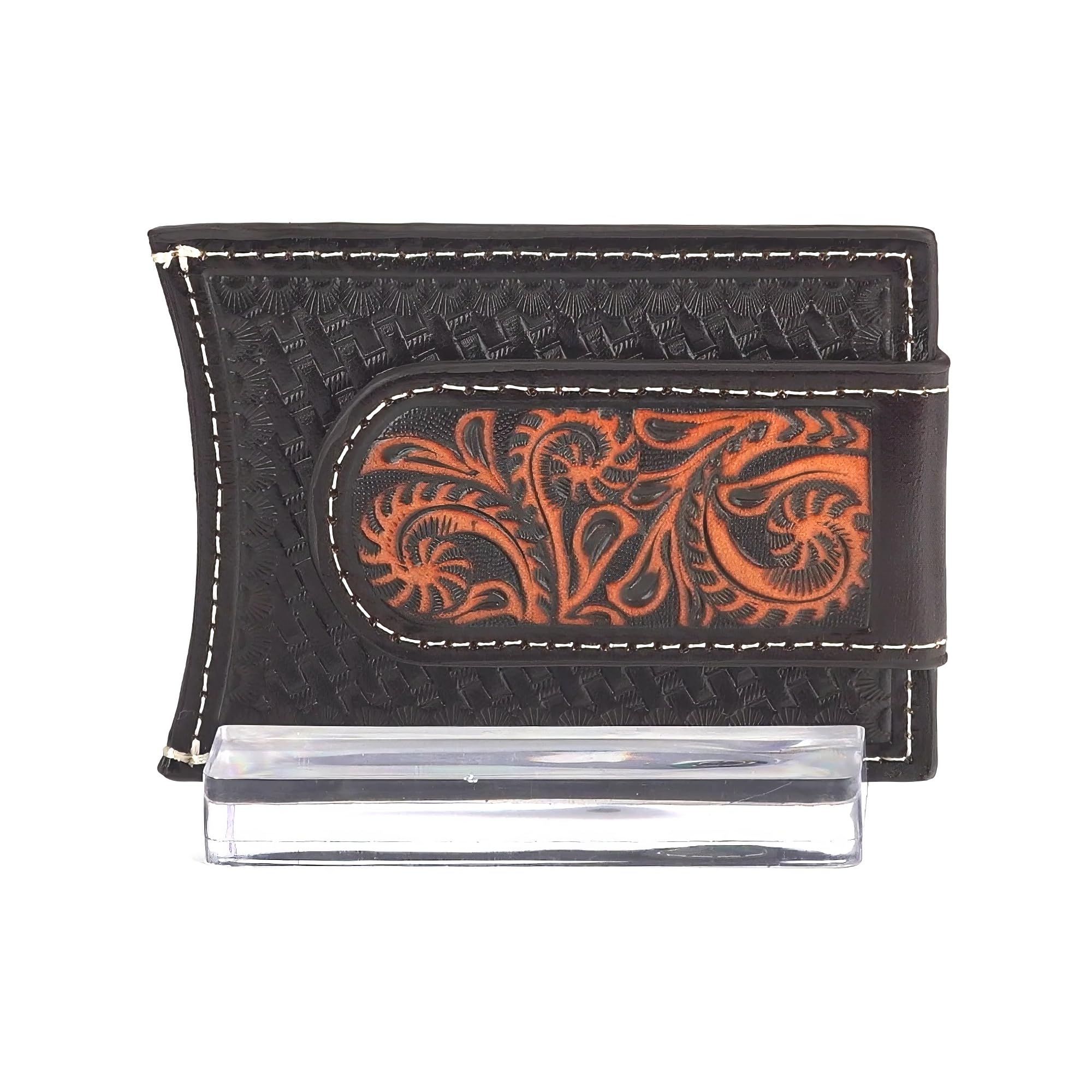 ARIAT Western Money Clip Men Cross Floral Card Case Med Brown A3557444