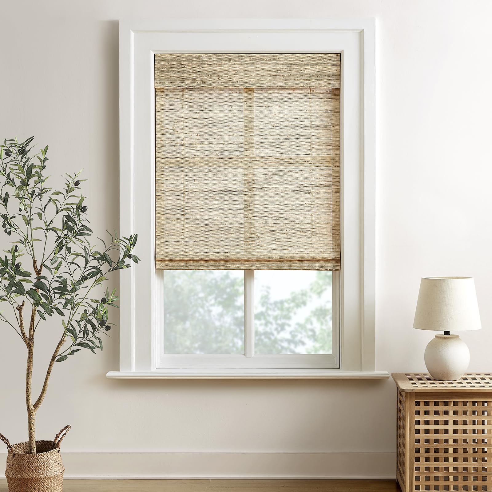 HOMEIDEAS 100% Natural Cordless Ramie Roman Shades Sun Light Filtering Window Treatment Privacy Protection Easy to Install Blinds Shades for Kitchen Indoor Windows, 1 Piece, W30 X L60, Beige