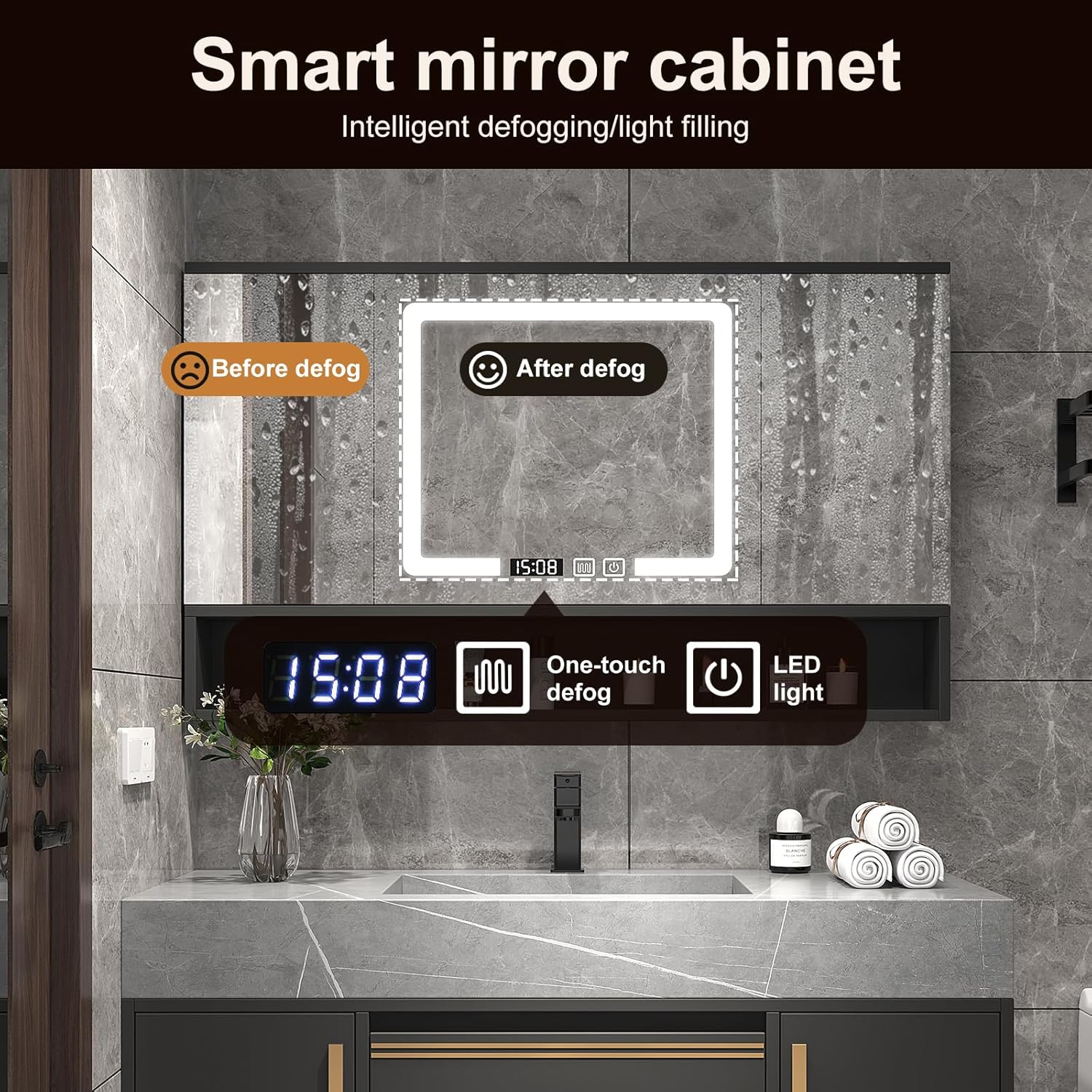 Oneroom Large Bathroom Vanity with Double Sink, Vessel Sink Bathroom Vanity Cabinet with Vanity Mirror Light,Wide Mirror & Vanity Mirror