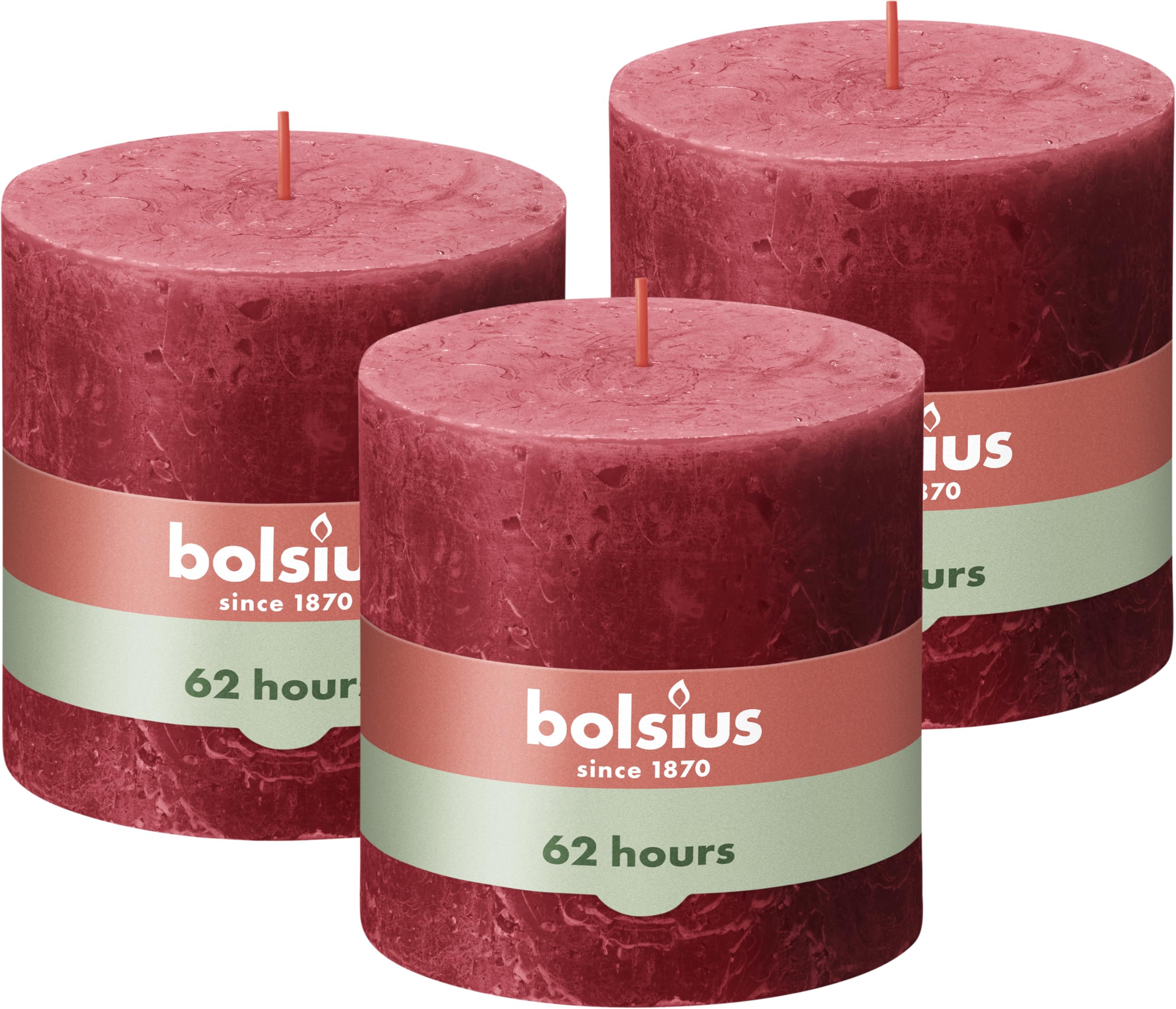 Bolsius Rustik Stumpenkerze XXL - Rot - 3 Stück - 10 x 10 cm - Dekorative Haushaltkerzen - Brenndauer 62 Stunden - Unparfümierte - Enthält Natürliches Pflanzenwachs - Ohne Palmöl