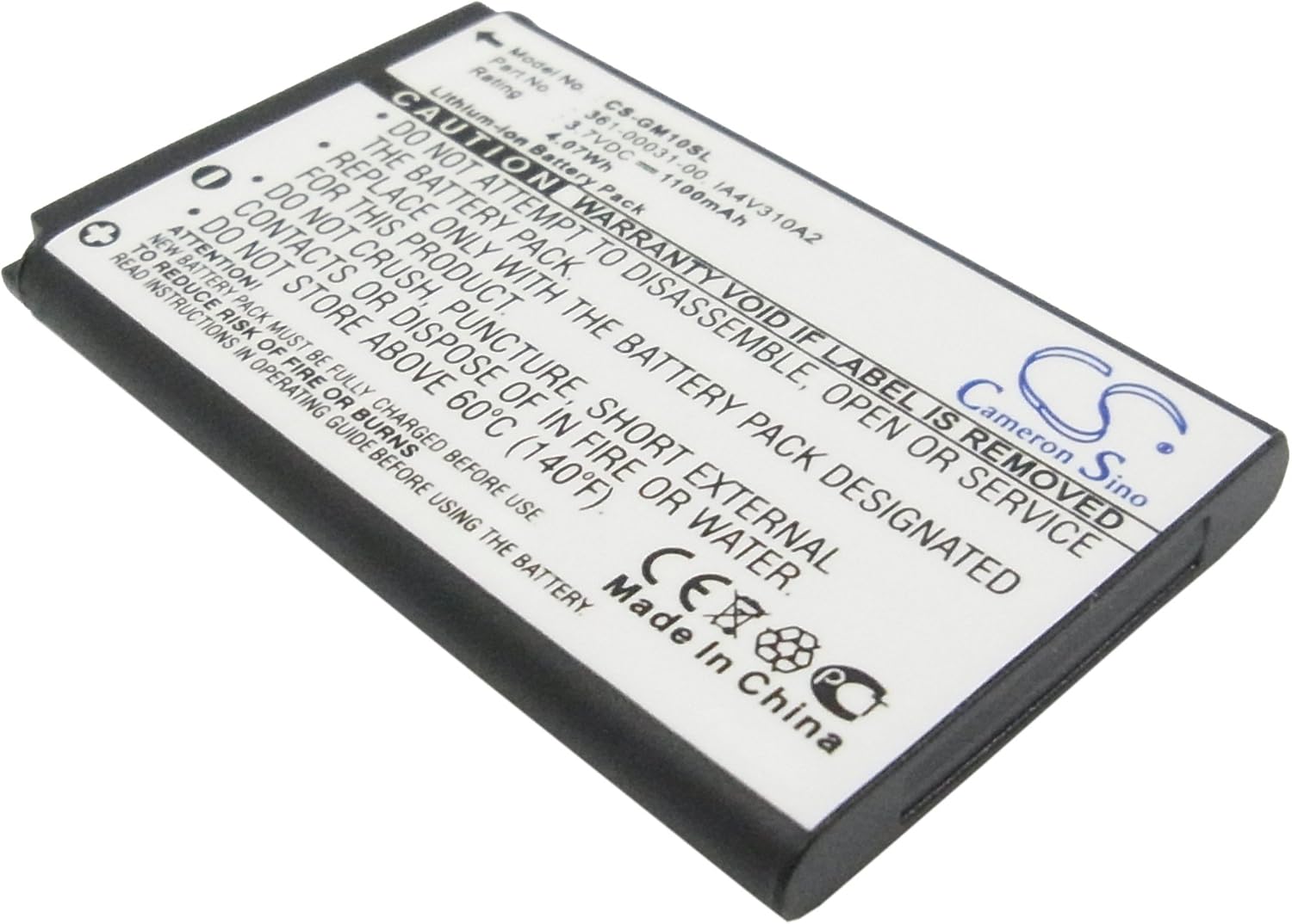 FITHOOD CS-GM10SL replacement battery, top view showing model number, part number, and electrical ratings.