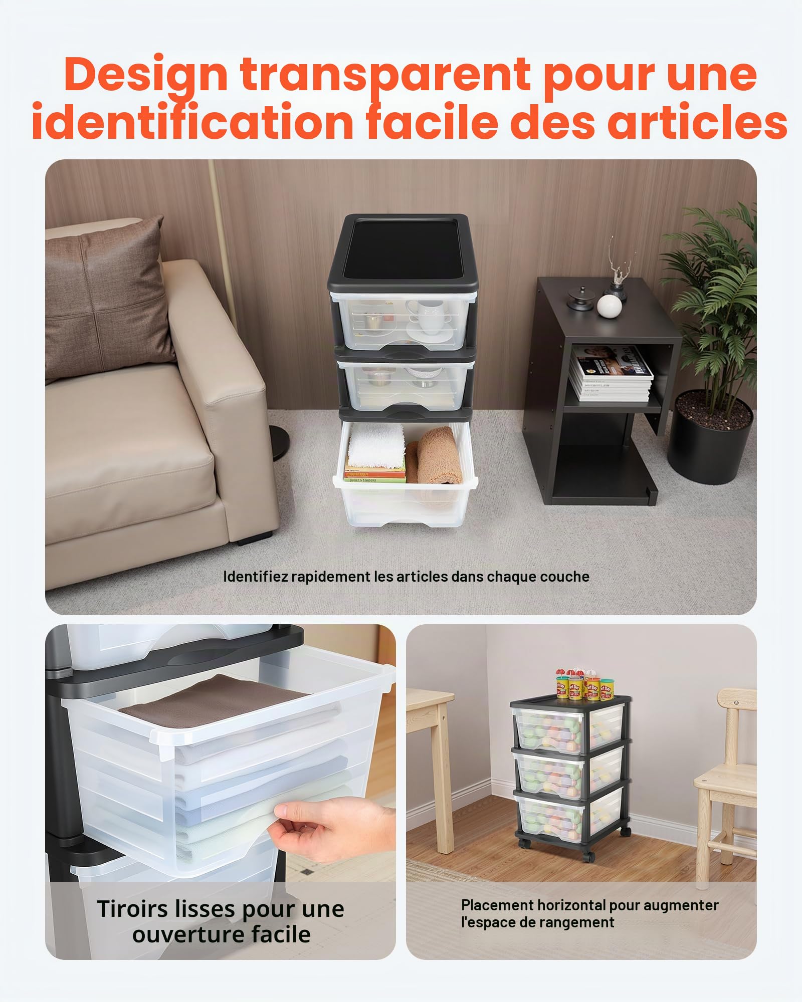 VEVOR Chariot de rangement à 3 tiroirs en plastique, tour de rangement à roulettes, organiseur mobile à 3 niveaux, bac transparent pour fournitures de bureau, salles de bricolage et salles de classe