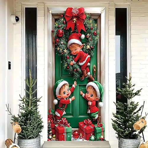 Miniatura 16 de Cartel de Feliz Navidad para puerta, feliz año nuevo, 35 x 71 pulgadas, cubierta roja de puerta delantera de Navidad con copos de nieve y letras