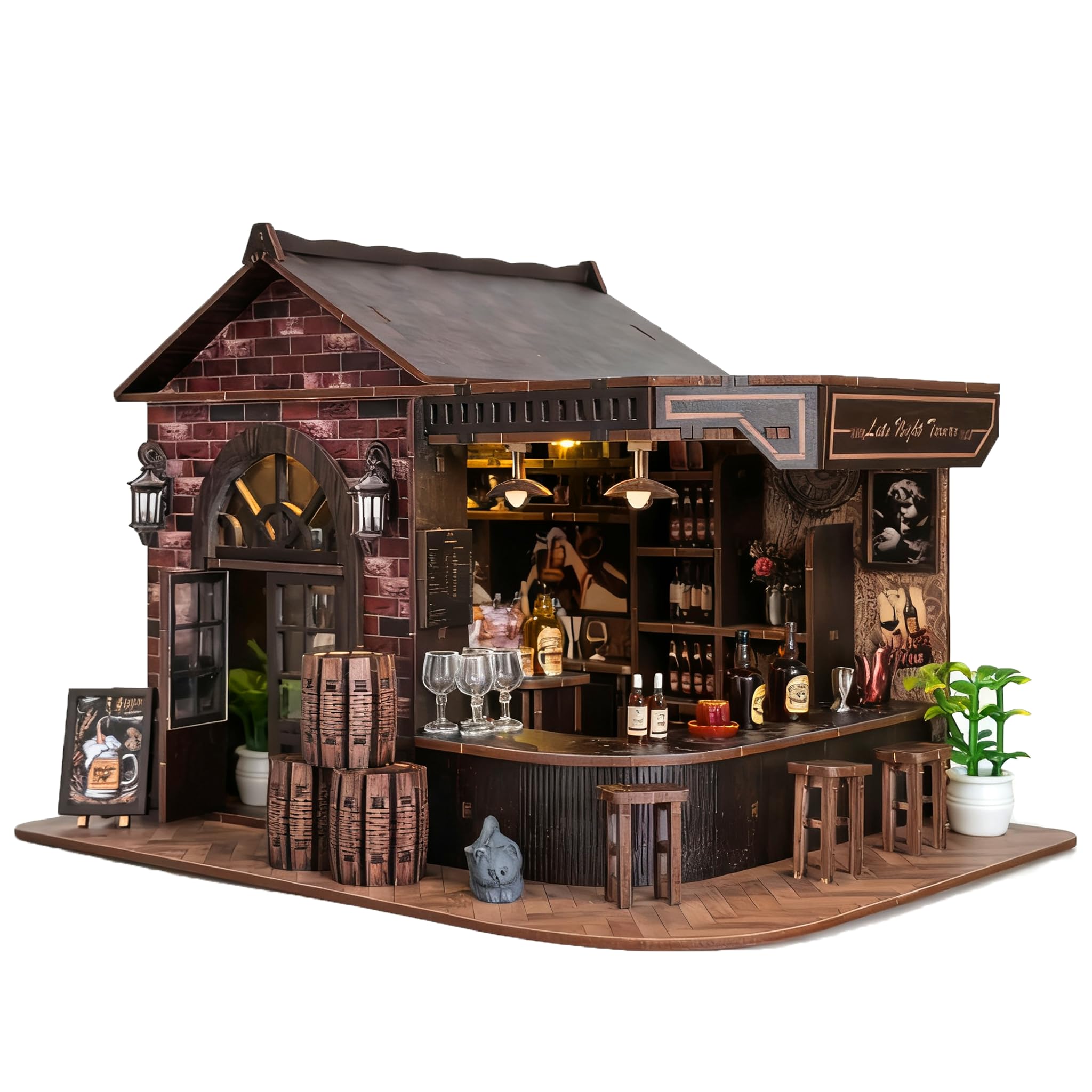 Book Nook Kit, DIY 3D Wooden Puzzle Miniature House, Vintage Pub Corner Tavern with LED Lights,