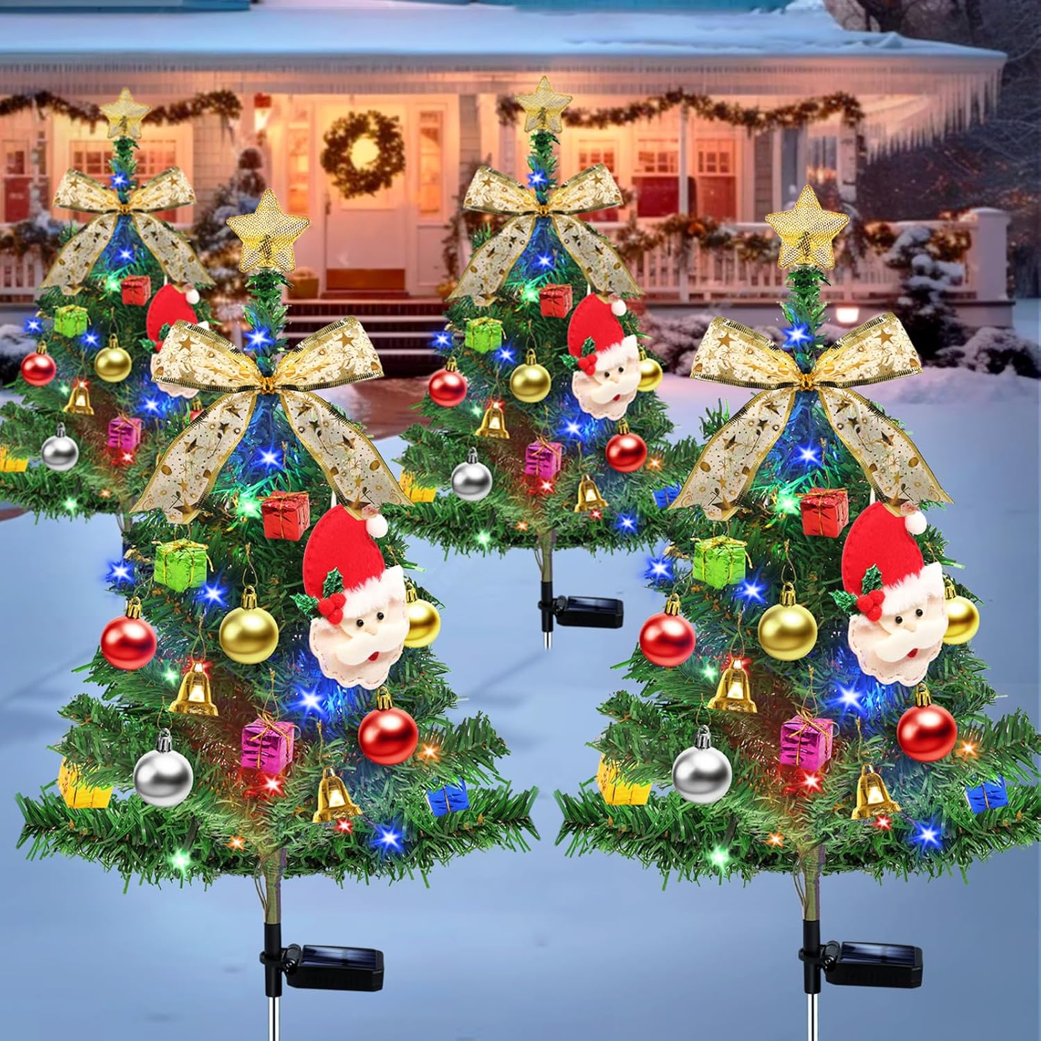 4 Pcs Solar Christmas Tree, Outdoor Christmas Decorations, 80 LED Waterproof Solar Christmas Lights, Multicolor Xmas Tree Lights for Outside Holiday Pathway Yard Garden Patio Grave Cemetery Decor