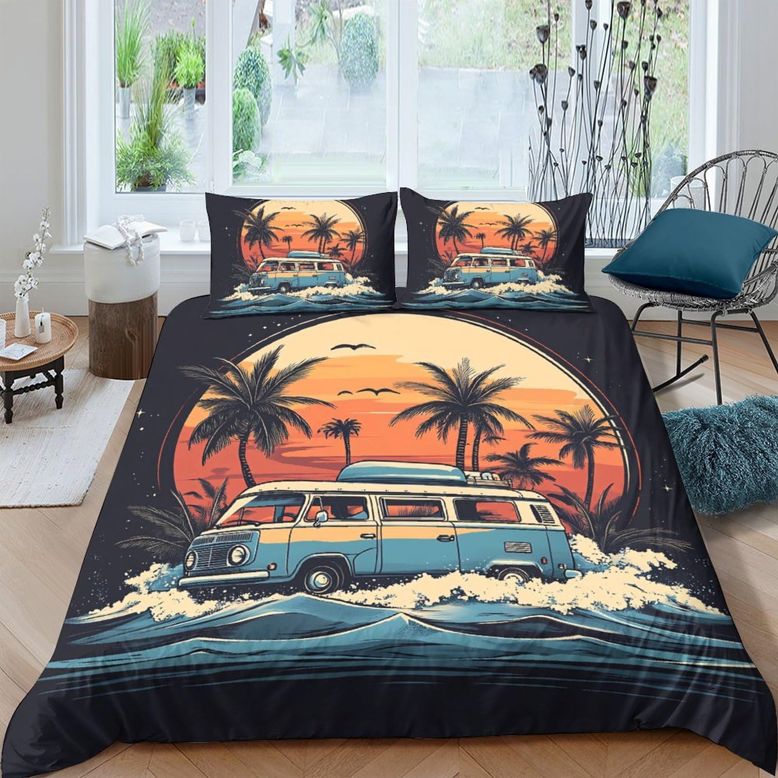 Ctjqhvkz Style-8 3D Printed Sunset Beach Fitted Sheet Microfiber Retro Van Palm Mattress Cover For Bedroom Guest Room Decor Single（135X200cm）