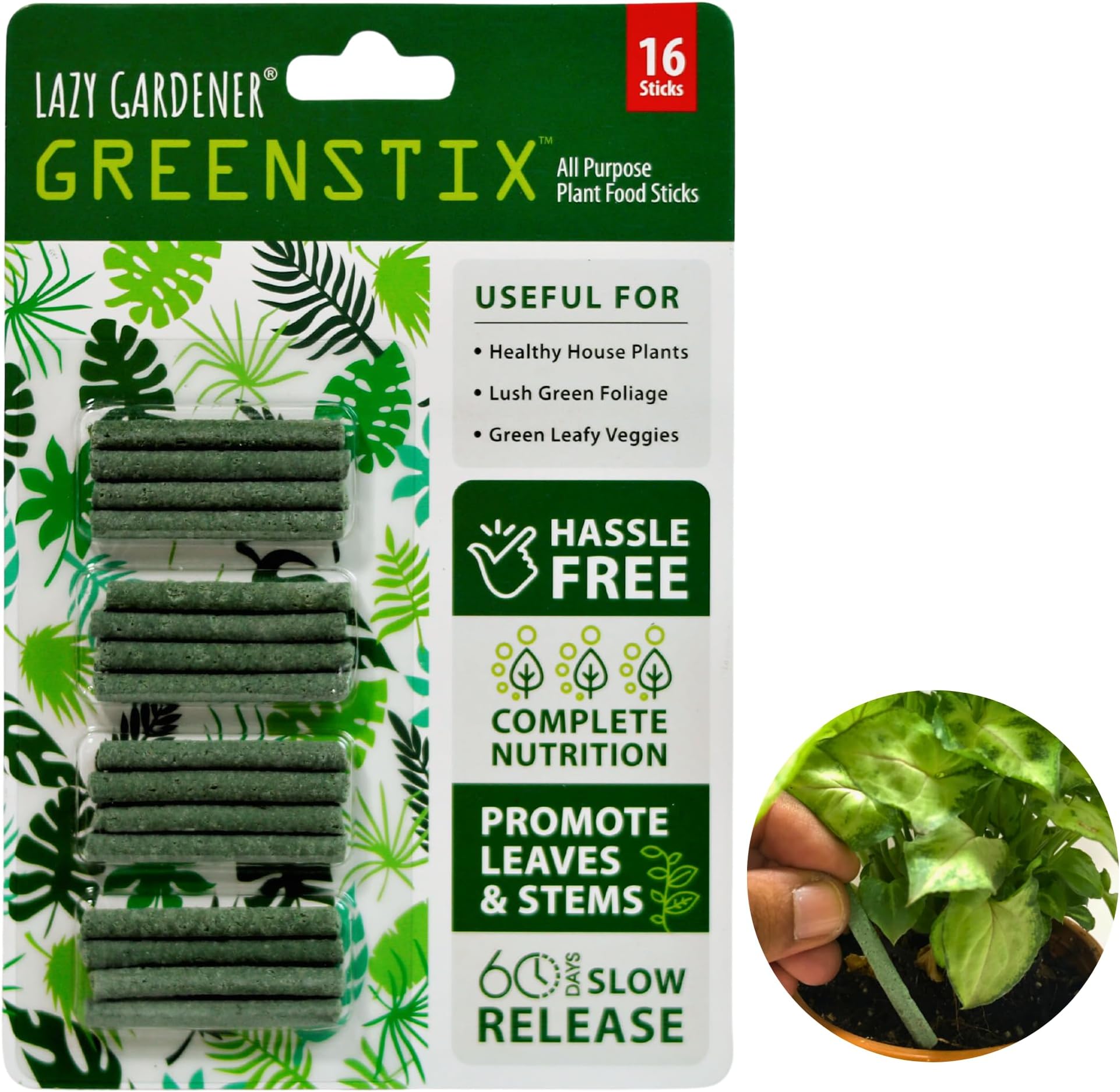 Lazy Gardener GreenStix Plant Food | Natural Magic Fertilizer Sticks for Indoor & Outdoor Use | Organic Slow-Release Nutrients for Pots & Home Garden (Pack of 16)