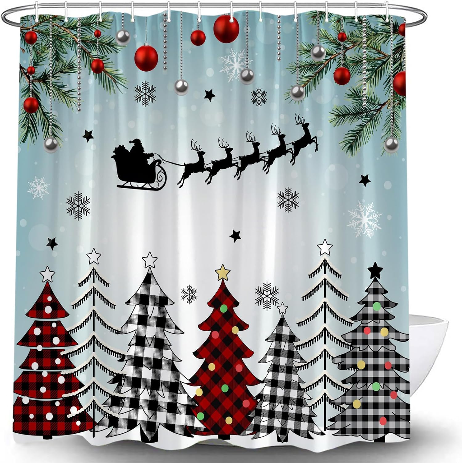 Christmas Tree Shower Curtain Winter Red Black Plaid Christmas Tree Santa Ball Snowflake Pine Tree Branch Rustic Xmas Holiday Pink Fabric Bathroom Decor Curtain with Hooks,70x83.8 Inch