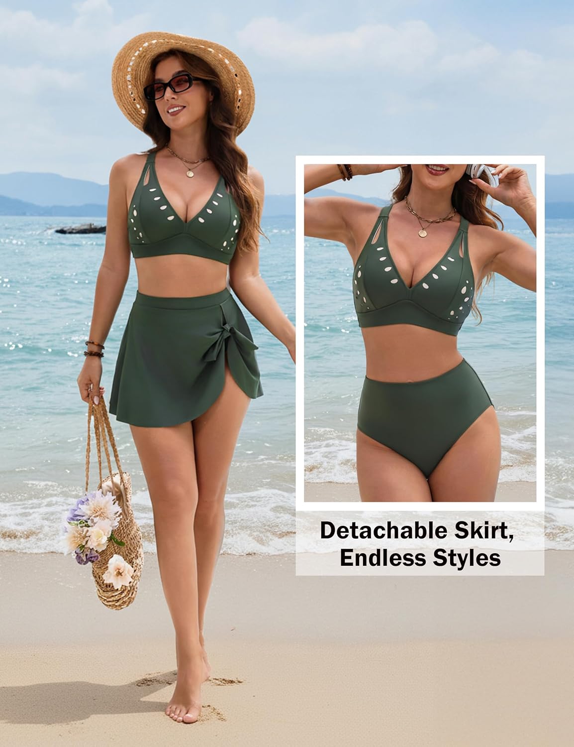 BMJL High Waisted Bikini Sets for Women 3 Piece Tummy Control Swimsuits with Detachable Skirt Modest Bathing Suits - Image 4