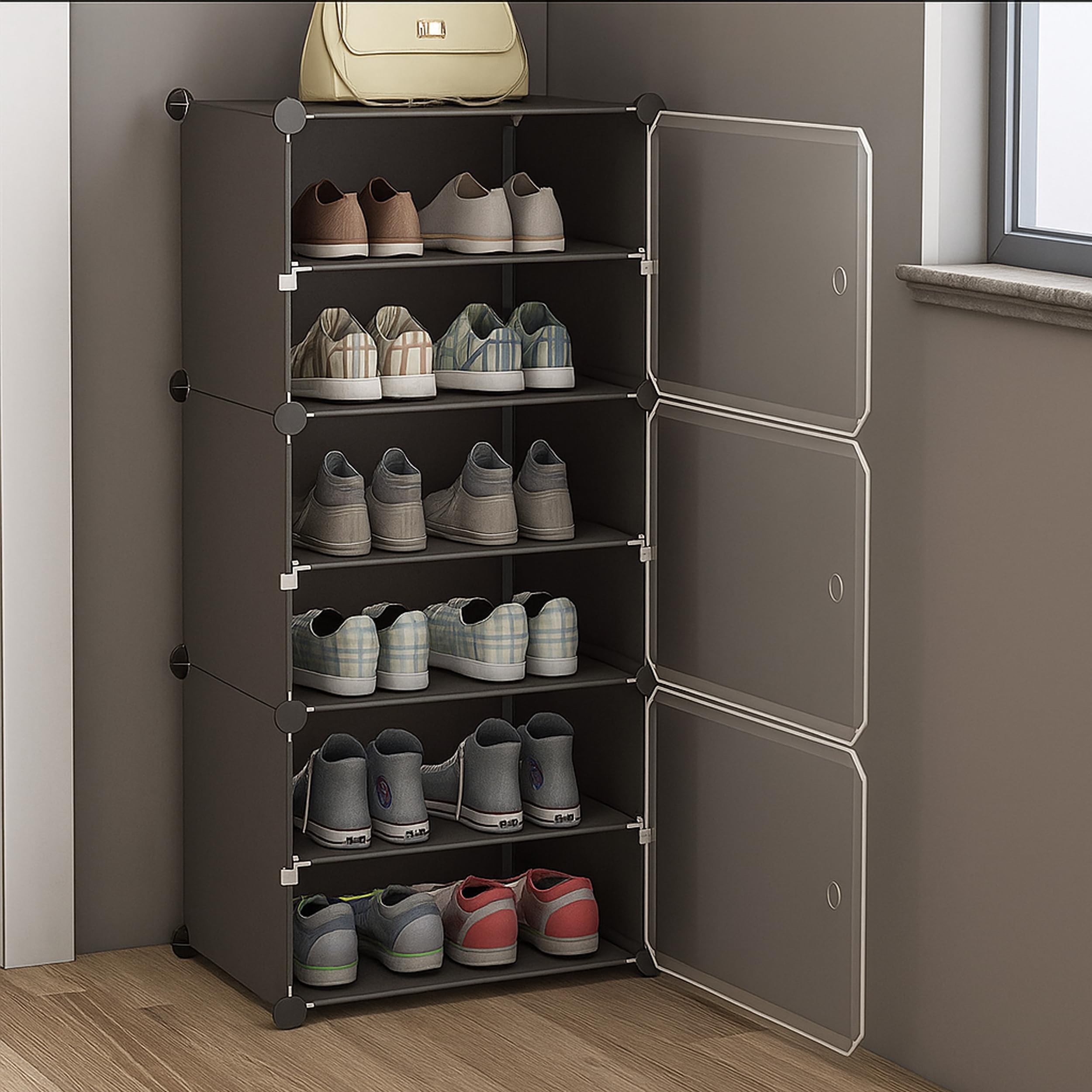 6 Shelf DIY Shoe Rack Box Organizer | Multi-Purpose Plastic Shoe Rack for Home | Home Storage Rack with Door for Entryway, Chappal | EMAIL DELIVERY in 24 HRS - Clean (Grey, 3-DOOR-6-SHELF)